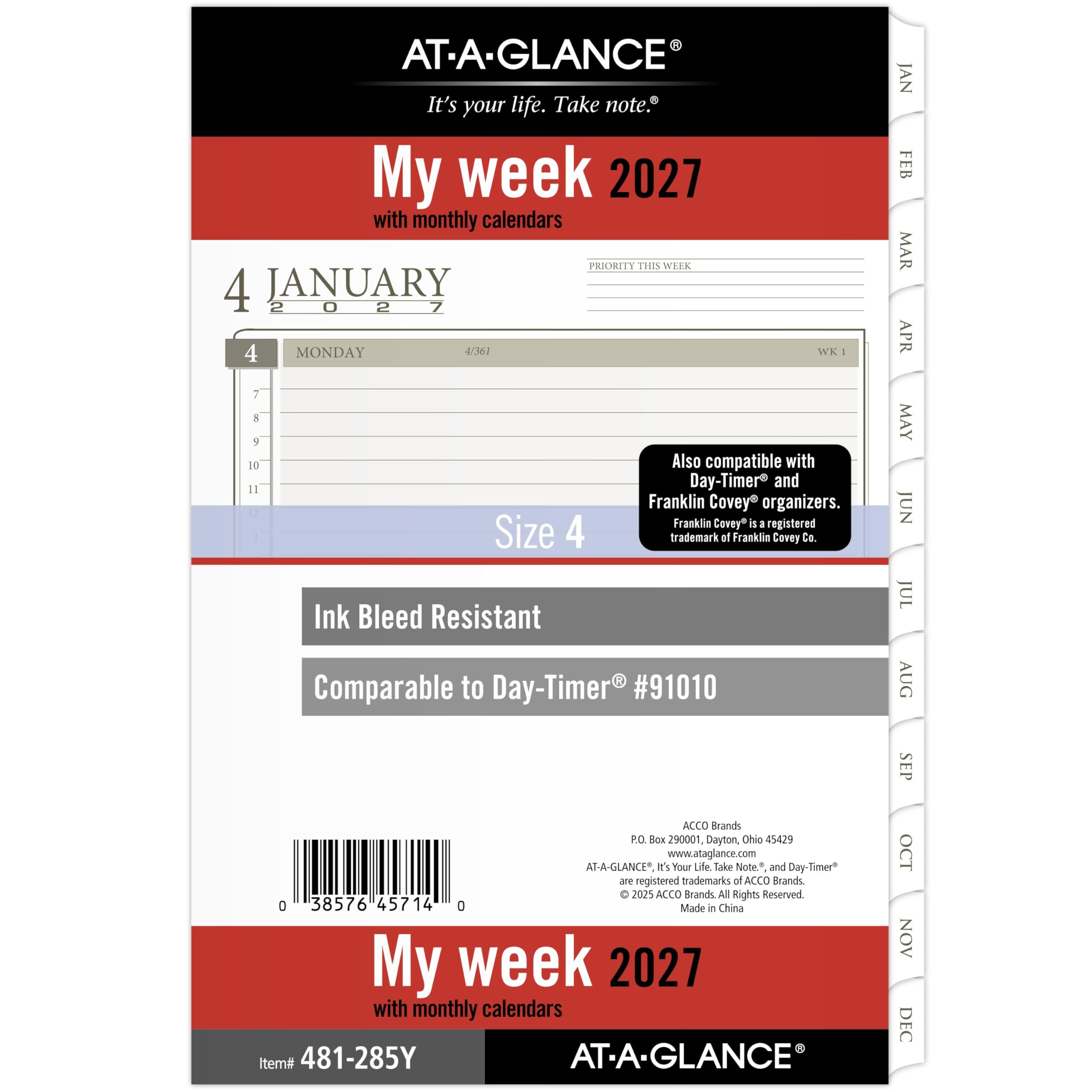 AT-A-GLANCE 2027 Planner Refill, Weekly & Monthly, 5.5" x 8.5", Desk Size 4, Tabbed, 7-Ring Loose-Leaf (481-285Y-27)
