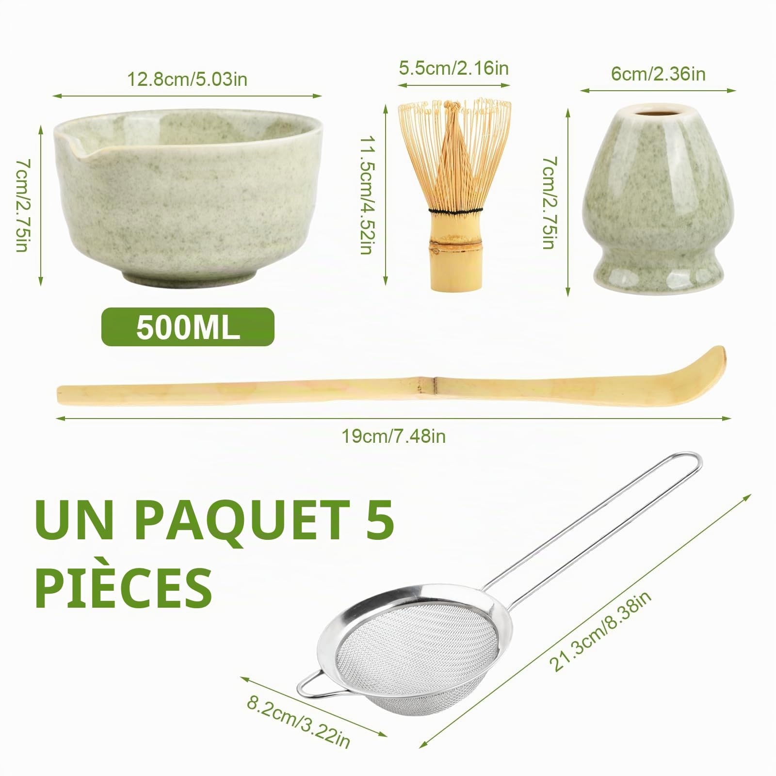 5 in 1 Ensemble de Thé Matcha Japonais avec Fouet à Matcha en Bambou Porte-fouet Bol à Matcha Cuillère à Matcha (chashaku) Service à Thé Matcha Céramique Matcha Kit pour Cérémonie Matcha (Vert clair)