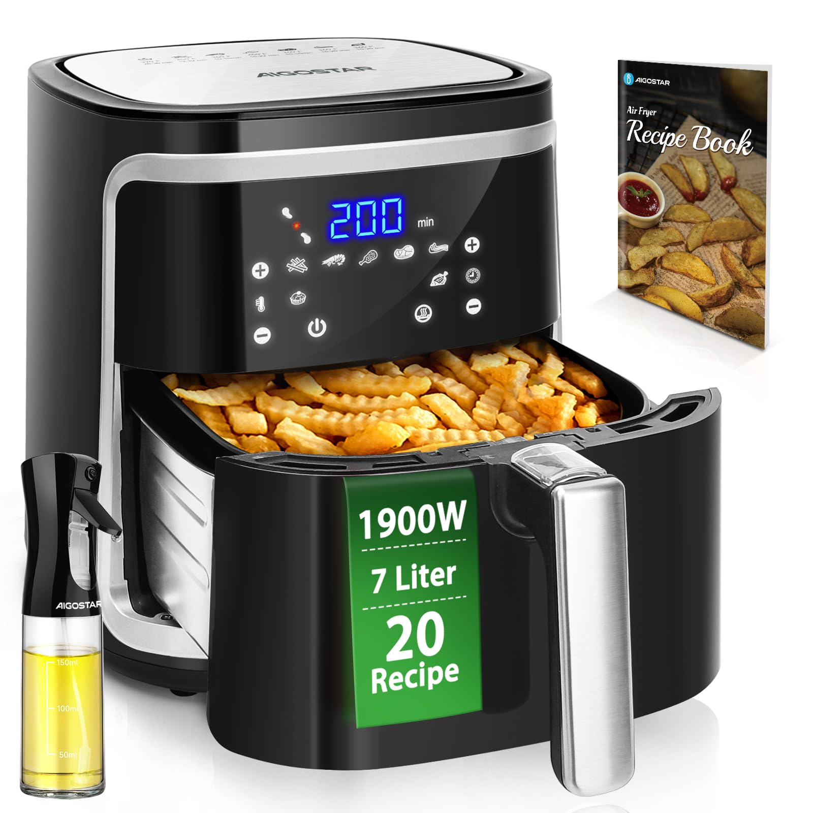 Aigostar Cube - Freidora de aire XXL, 1900W, 7L Air fryer. Libro de recetas incluido, panel LED táctil. Doble uso: con cesta o cajón. 7 funciones preestablecidas + mantener caliente, Sin BPA.