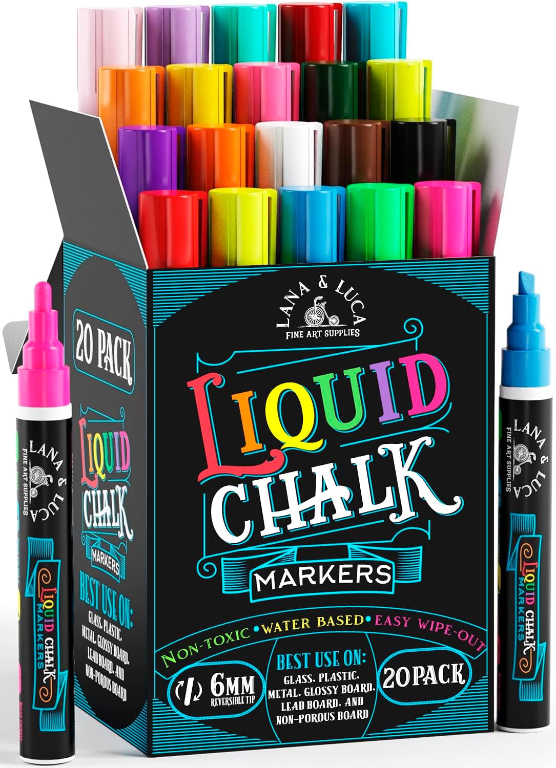 LANA & LUCA Liquid Chalk Markers for Blackboards - Bold Color Dry Erase Marker Pens - Chalk Markers for Chalkboards Signs, Windows, Blackboard, Glass - 6mm Reversible Tip (20 Pack)