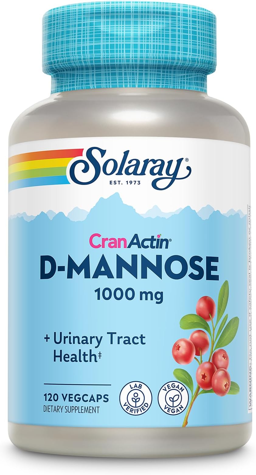 SOLARAY D-Mannose 1000mg with CranActin Cranberry Supplement 400mg, Urinary Tract Health & Bladder Support Capsules with Vitamin C, Vegan, 60 Day Guarantee, 60 Servings, 120 VegCaps (120 CT)