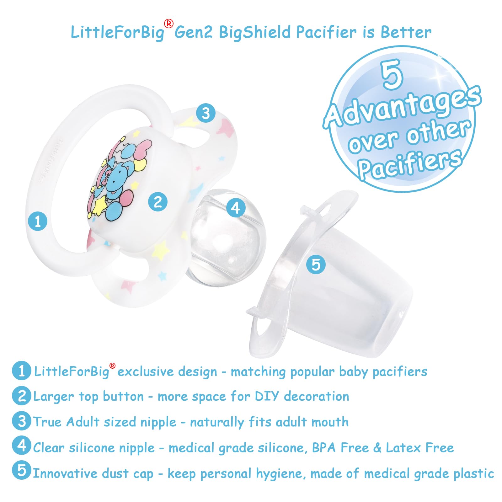 LittleForBig Bigshield Generation-II Adult Sized Pacifier White Little Circus Elephant Pattern