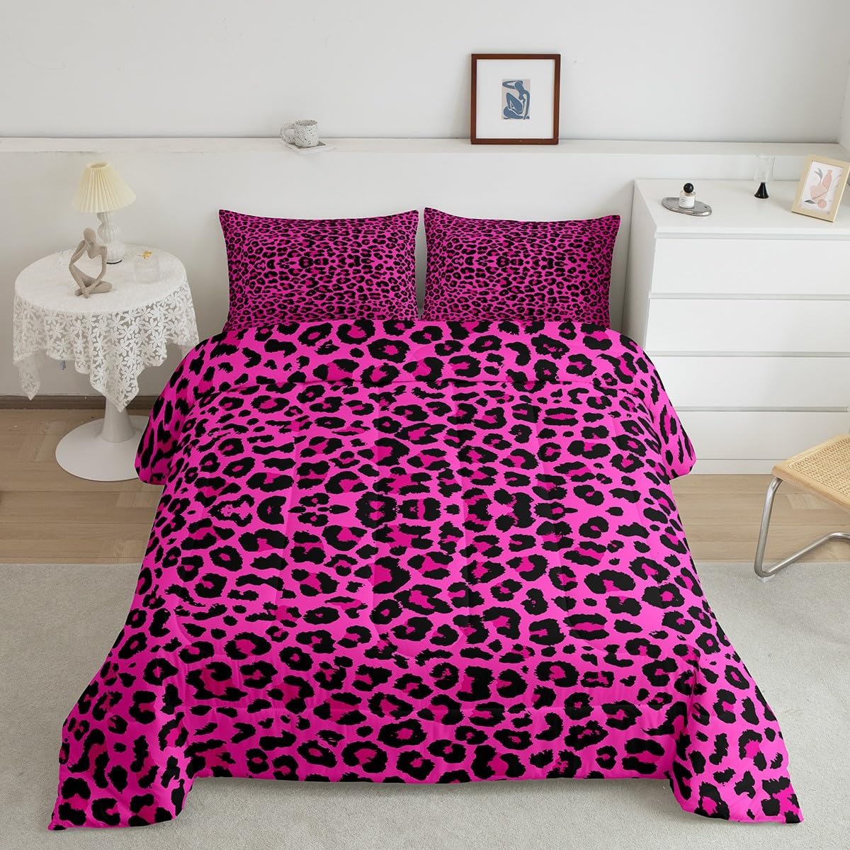 Castle Fairy Cheetah Skin Bed Comforter Set Queen Size,Pink Leopard Print Super Soft Microfiber Bedding Set for Girls Boys,Wild Animal Skin Decorative Quilter Set