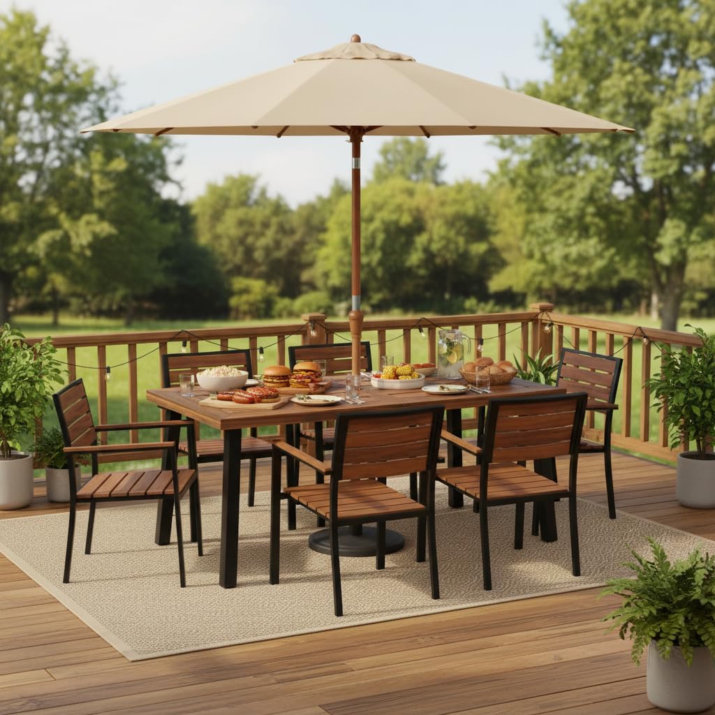 Tangkula 67.5 Inch Acacia Wood Outdoor Dining Table for 6, Patio Table with with Umbrella Hole & Metal Legs, Indoor & Outdoor Rectangular Table for Garden Park Poolside Porch