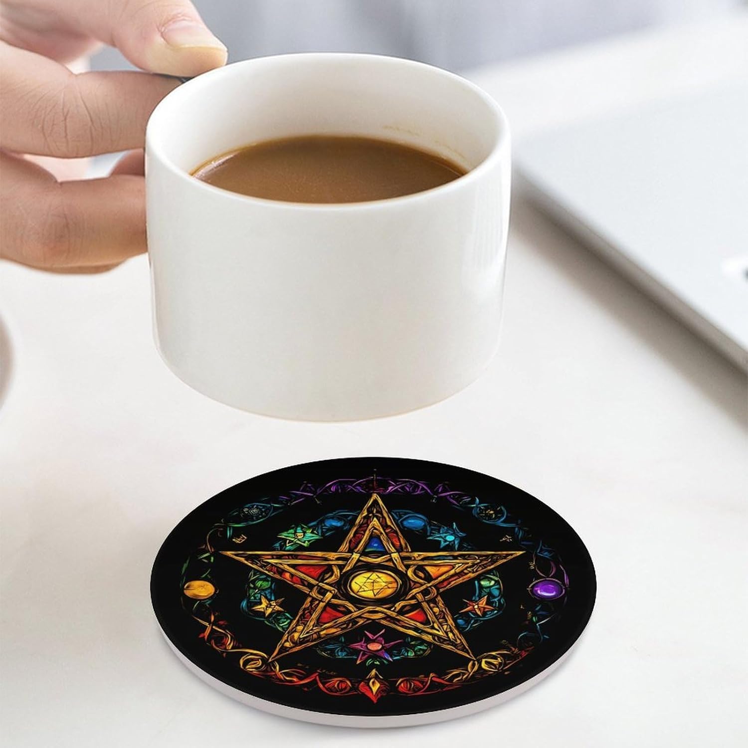 Wiccan Pentagram Witchcraft Magic Pagan Star Coasters for Drink Round Ceramic Coaster with Cork Base Home Decorative 4PCS