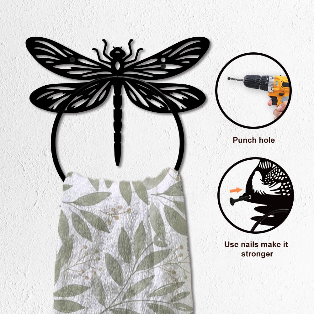 MAYJOYDIY Handtuchhalter Libellenflügel aus Metall, Antike Insekten, Handtuchhalter, rund, Libellenflügel, Handtuchhalter, schwarz, Badezimmer-Handtuchhalter, Wandmontage, für Küche, Bad, Zuhause,