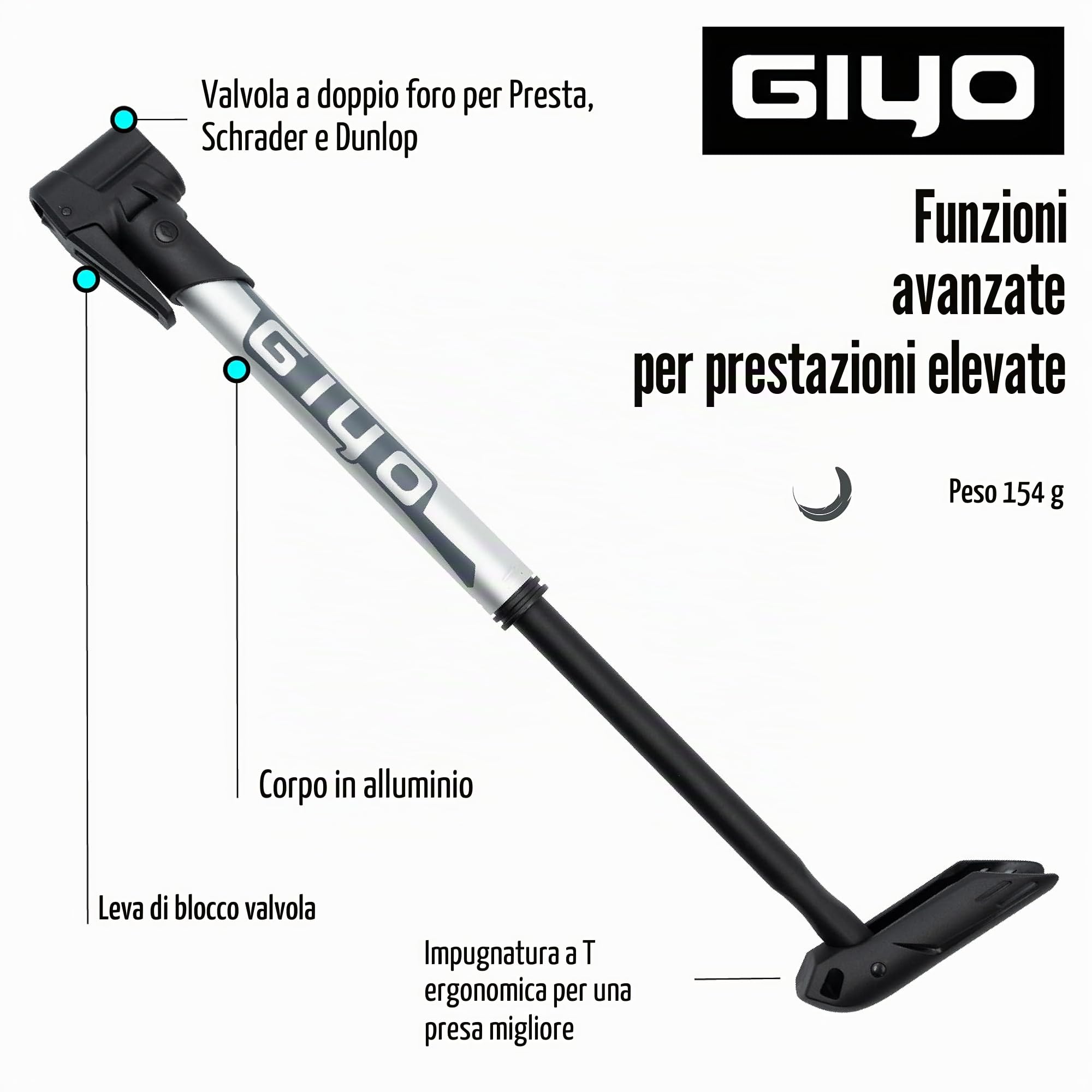 GIYO GP-44DH Mini pompa per bicicletta per pneumatici senza camera d'aria, testa doppio foro, compatibile Presta Schrader Dunlop