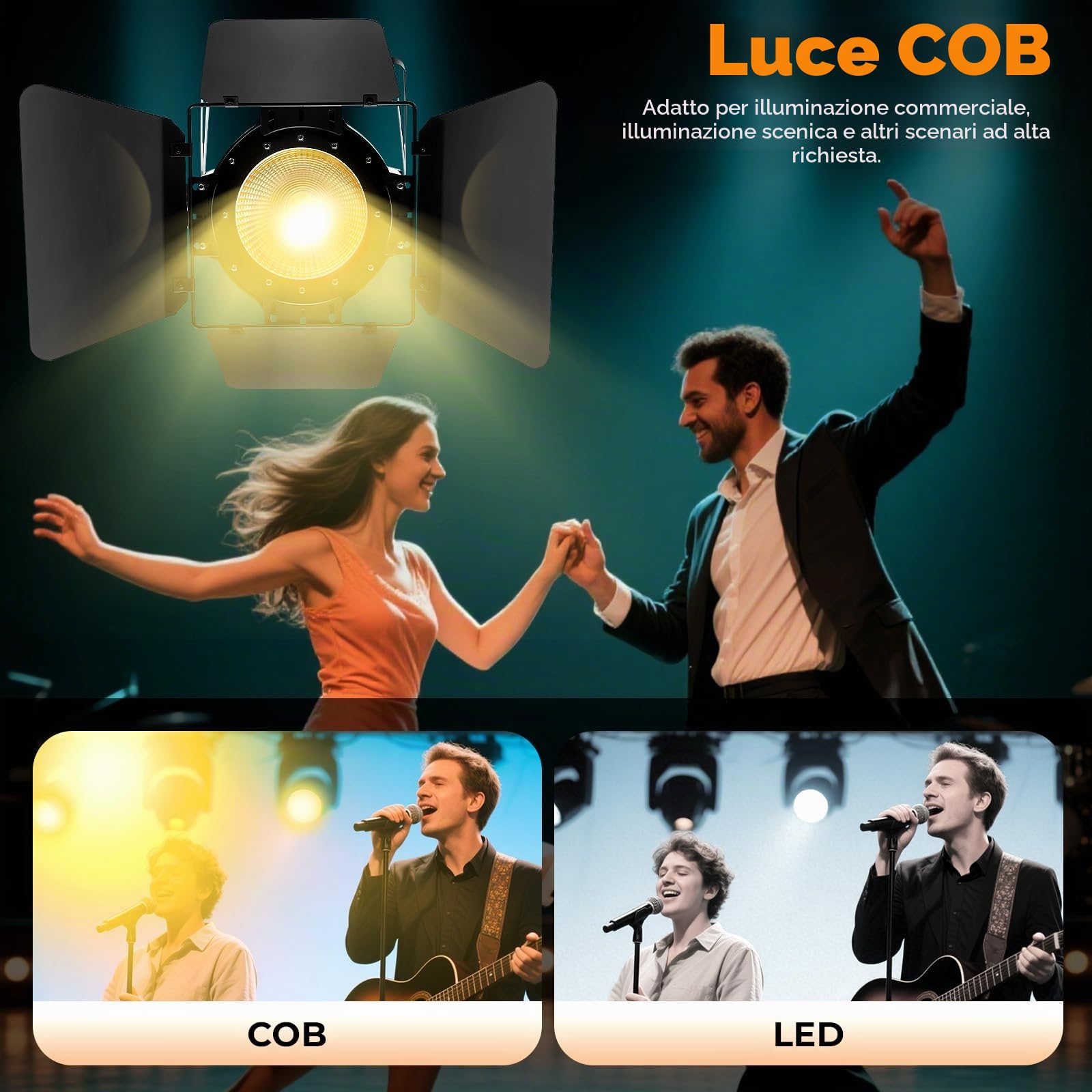 Faretto 2 in 1 LED, da 200 W COB, ideale per l’illuminazione da palcoscenico e per esterni, con grado di protezione IP64, con modalità di controllo DMX-512 Master/Slave, sound, auto