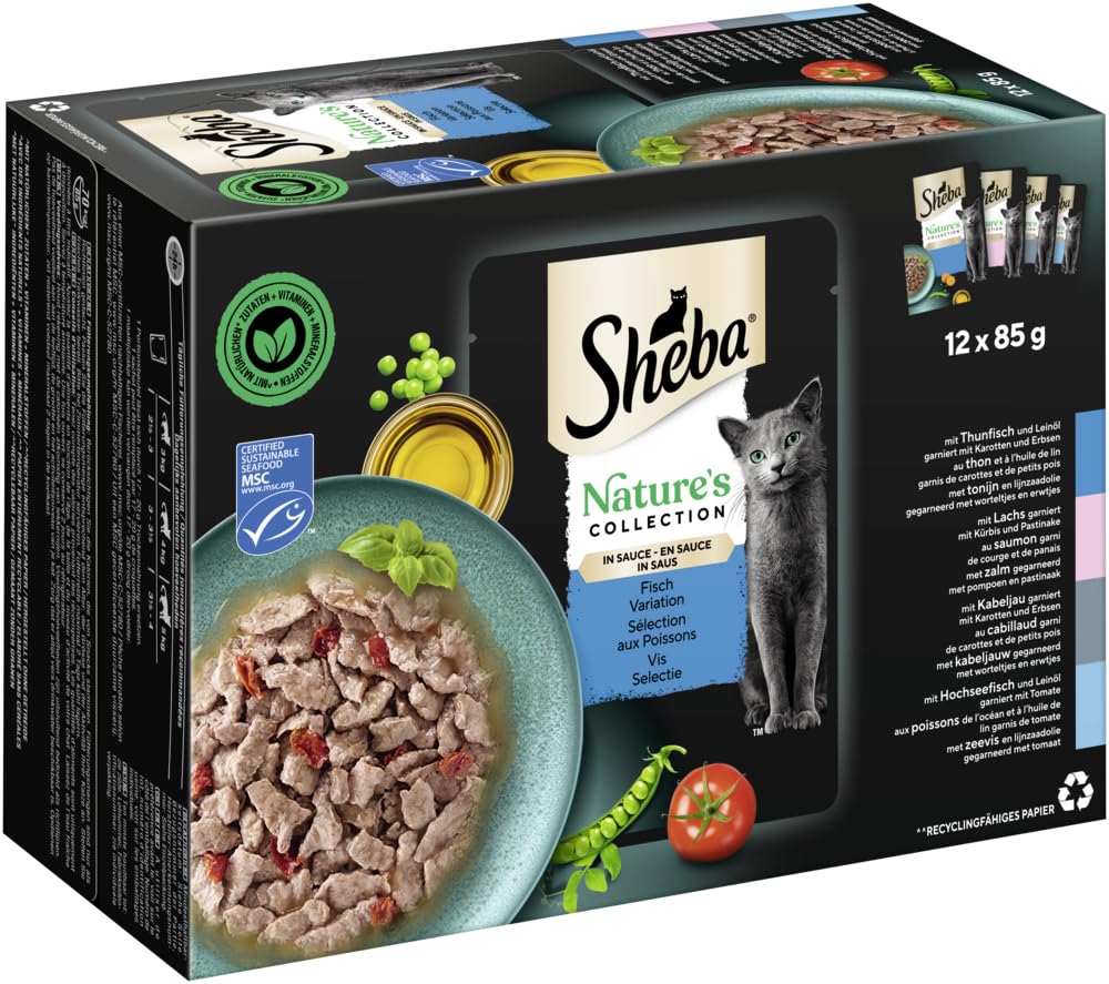 Sheba Nature´s Kolekcja dla dorosłych kotów, selekcja ryb w sosie, mokra karma dla kotów, świeżość 85 g (zestaw 12 sztuk)