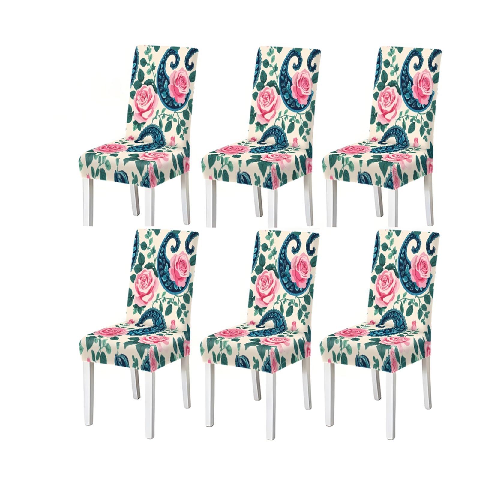 KXUAUV Pink Rose Blue Paisley Floral Pattern Print Dining Chair Covers Set Of 2/4/6, Stretch Slipcovers For Kitchen Dining Room Seat Protectors for Restaurant Hotel Party(6PCSChair cover)