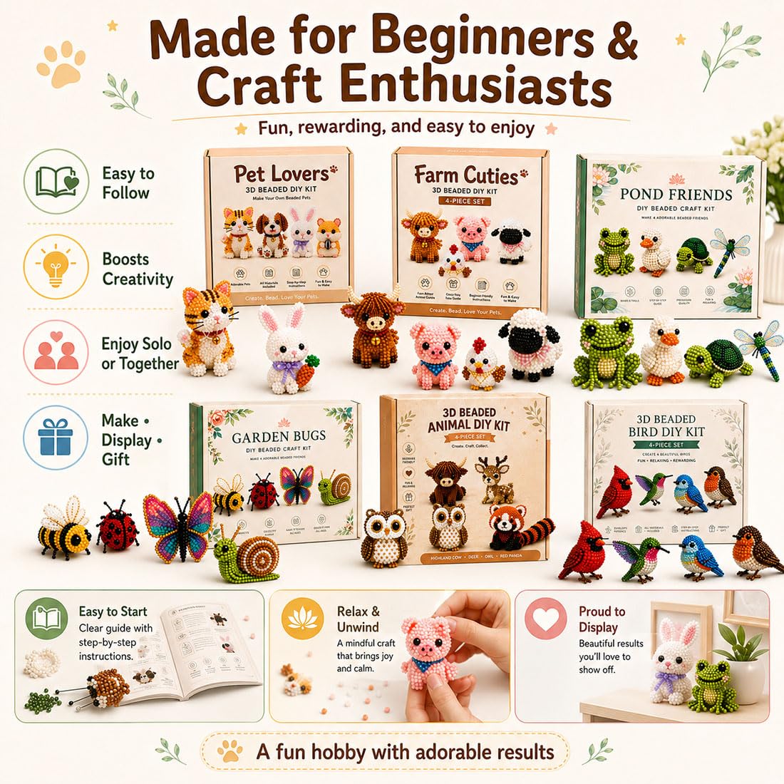Liocwocne Tiny 3D Beaded Animal DIY Kit, Cute Bird and Animals Bead Making Set with Instructions, Handmade Beadwork Embroidery Art Craft Kits, Creative Jewelry Gift for Adults Teens (E)