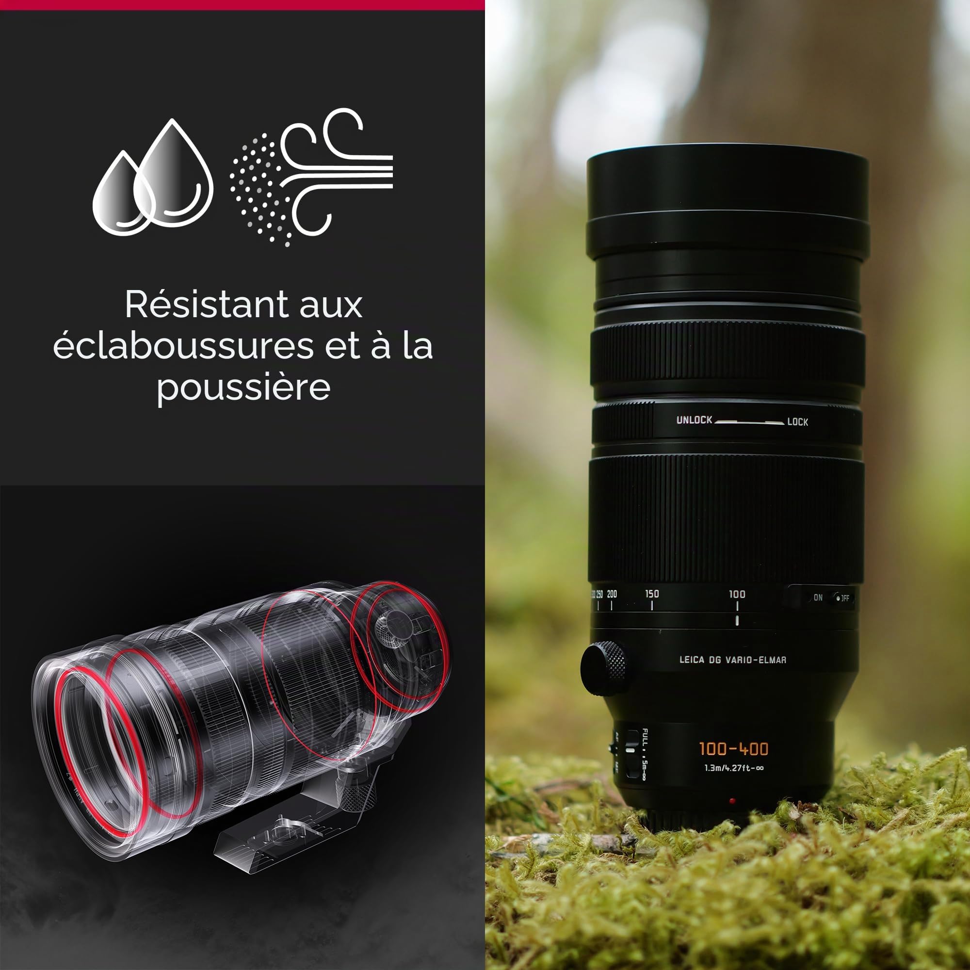Panasonic Leica 100-400mm F4.0-6.3 | Objectif Téléphoto H-RSA100400E (Zoom Ultra Puissant, Stabilisé, Tropicalisé, equiv. 35mm : 200-800mm) Noir – Compatible Monture Micro 4/3 Panasonic & Olympus | Provenance France. Emballage securisé. Livré avec Facture