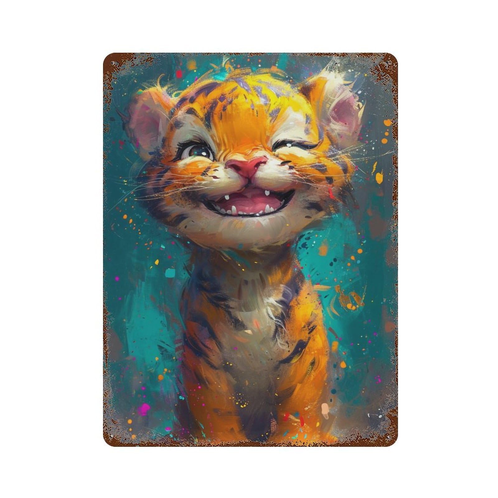 Happy Tiger Cub Painting Decorative Tin Sign 15.7"x11.8", Vintage Wall Decor for Basement, Hobby Room And Garage Decor