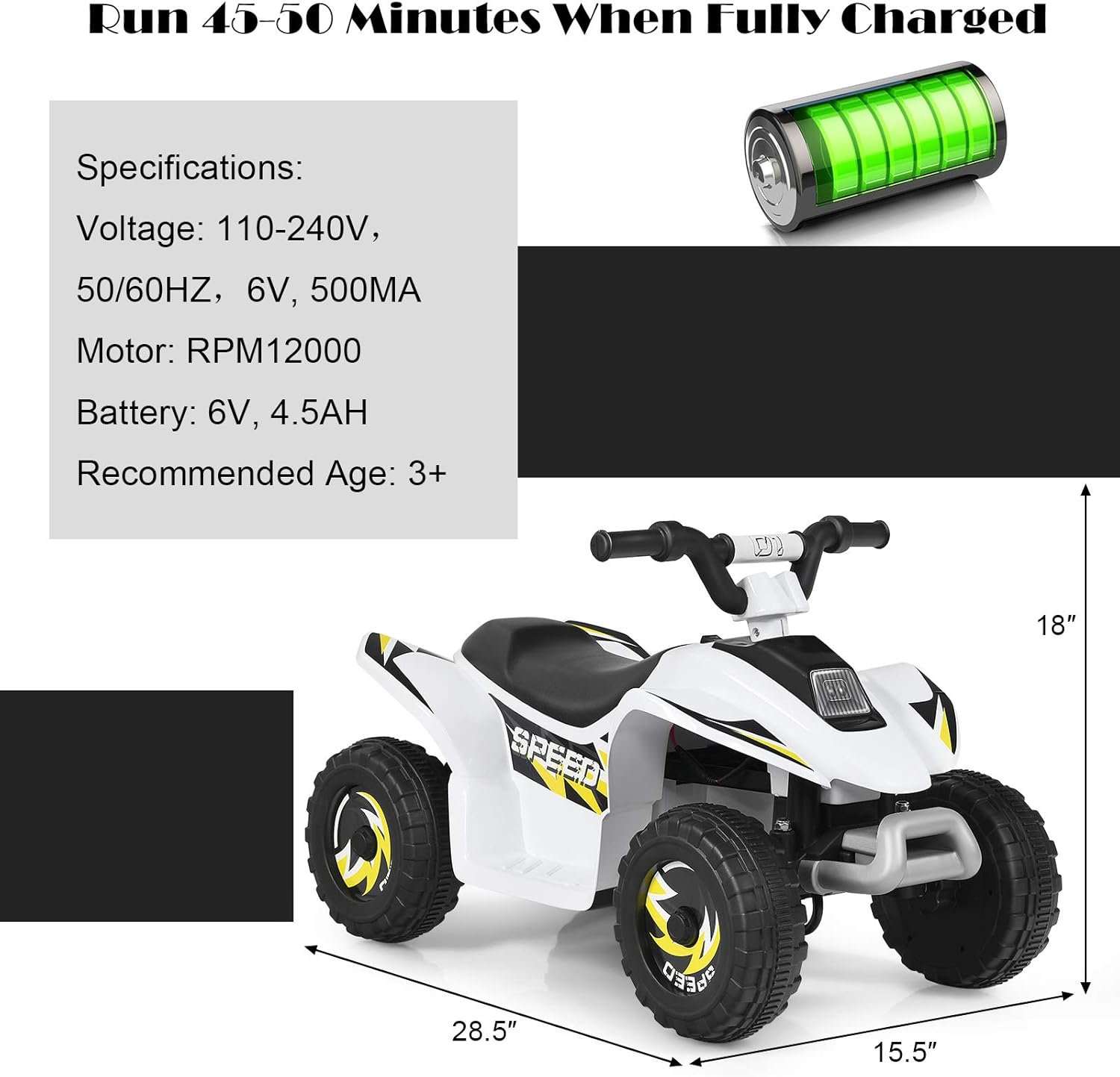 OLAKIDS Kids Ride On ATV, 6V Motorized Quad Toy Car for Toddlers, 4 Wheeler Battery Powered Electric Vehicle for Boys Girls with Forward/Reverse Switch, Anti-Slip Wheels (White)