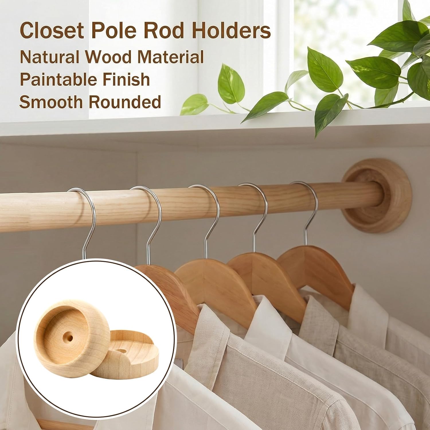 4 Pcs 1-3/8" Wooden Closet Rod Holders, Closet Pole Sockets Pole Holders with Screws Fittings, Heavy Duty Wooden Rod Support Brackets for Wardrobe Curtain Clothing Store Bathroom