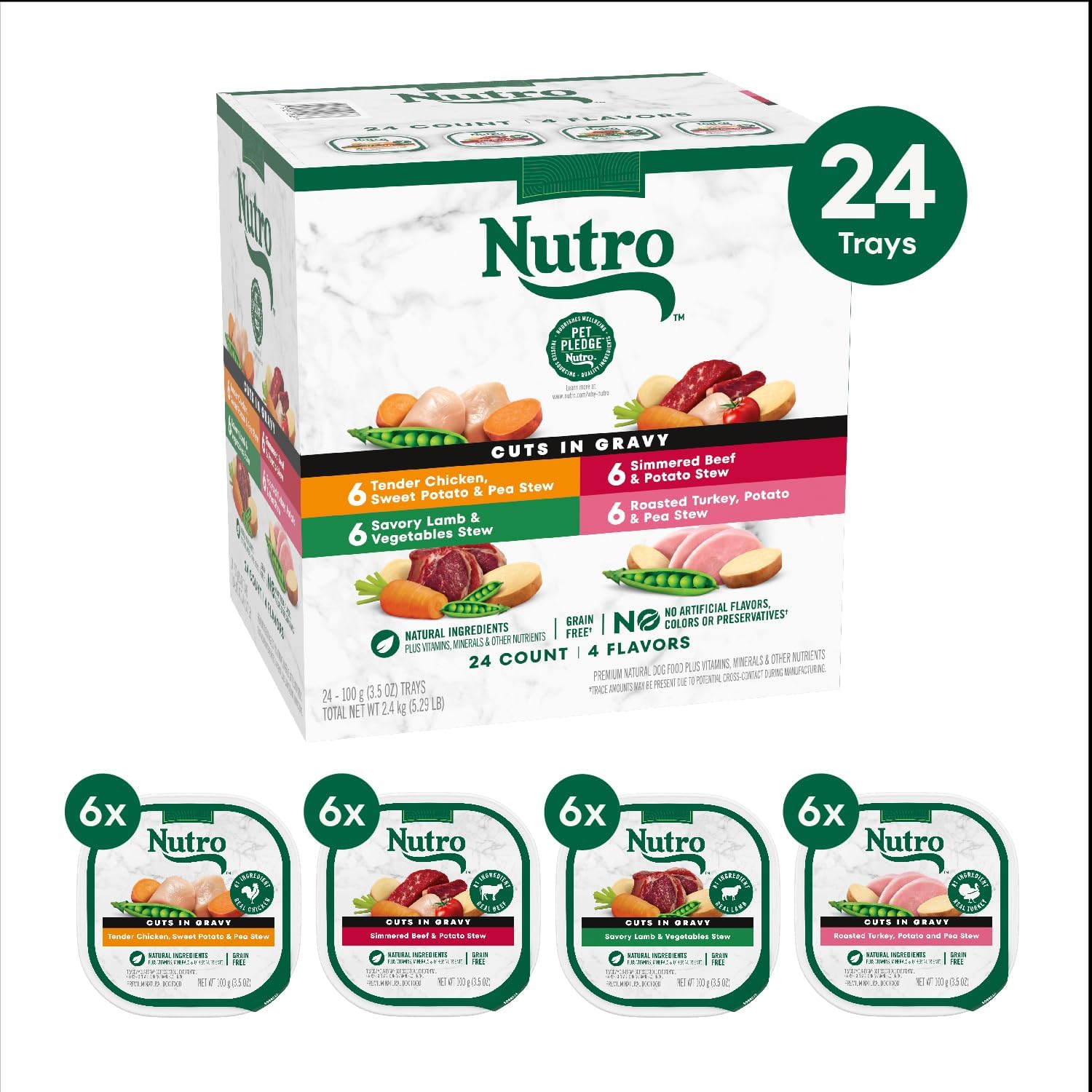 Nutro Natural Choice Cuts in Gravy Wet Dog Food, Grain Free Dog Food Wet Turkey, Chicken, Lamb, Beef Recipes Variety Pack, 3.5 oz. Trays (24 Count, Pack of 1)