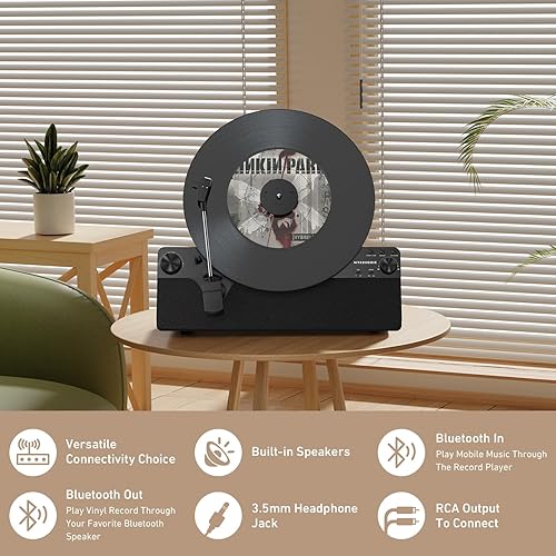 Miniatura 4 de Tocadiscos automático vertical Bluetooth, tocadiscos MYKESONIC de vinilo con transmisión por correa, cartucho magnético AT-3600L, entrada y salida