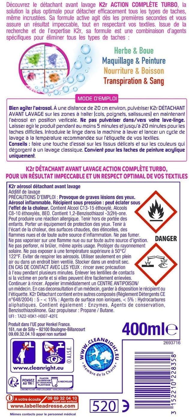 K2R - Détachant Avant Lavage Action Complète 400Ml - Lot De 2 - Vendu Par Lot