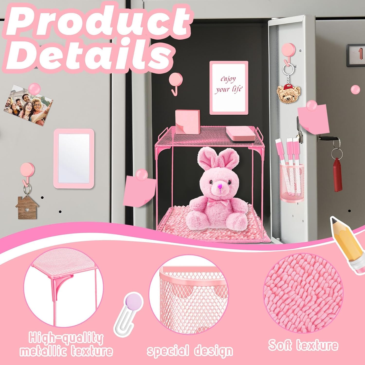 Demonwer Locker Accessories With Locker Shelf Locker Mirror Magnetic Pen Holder Sticky Note Whiteboard Mat Pink Locker Organizer for Work Mesh Metal Shelf Accessories Kit for School Office Supplies