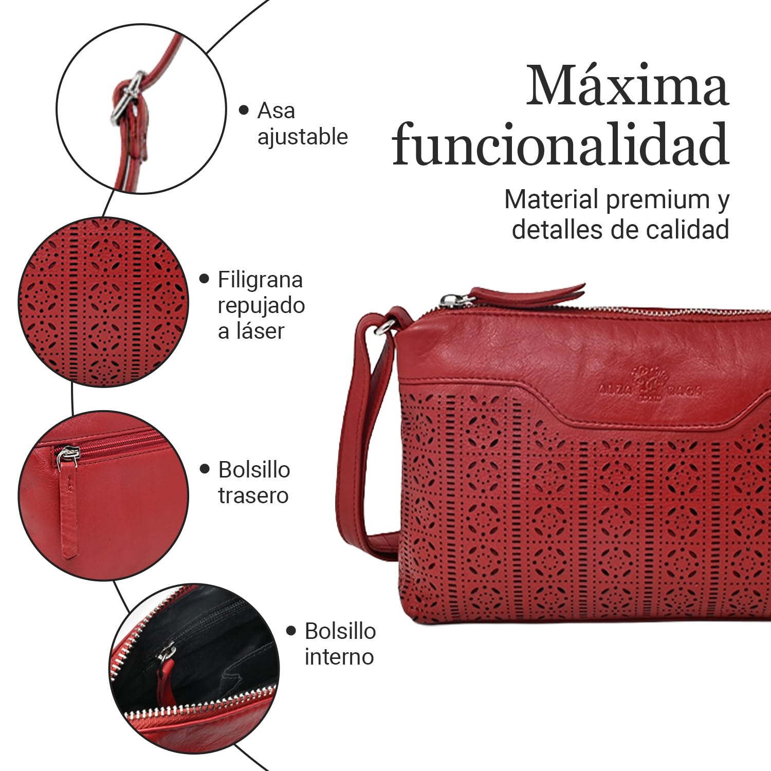 Laura Valle Bolso Bandolera Mujer Pequeño Modelo Belma – Bolso Piel Auténtica Mujer Con Filigrana Repujada, Cremalleras Seguras y Diseño Compacto Elegante Para El Día A Día