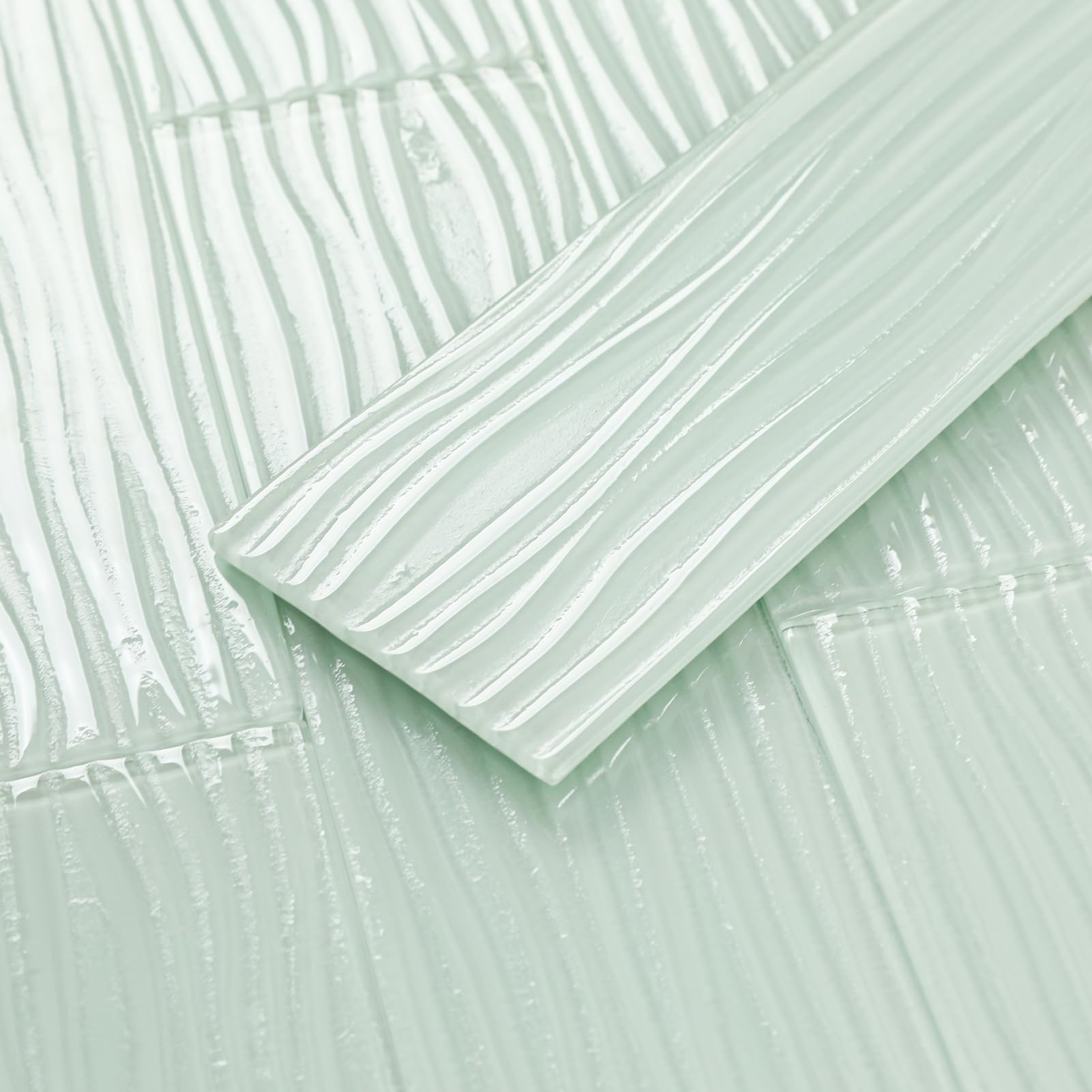 Diflart Peel and Stick Glass Subway Tiles, Light Green, 3x12 Inch, Water Wave Glass Backsplash for Kitchen Bathroom Wall Tiles, Pack of 20 Pieces
