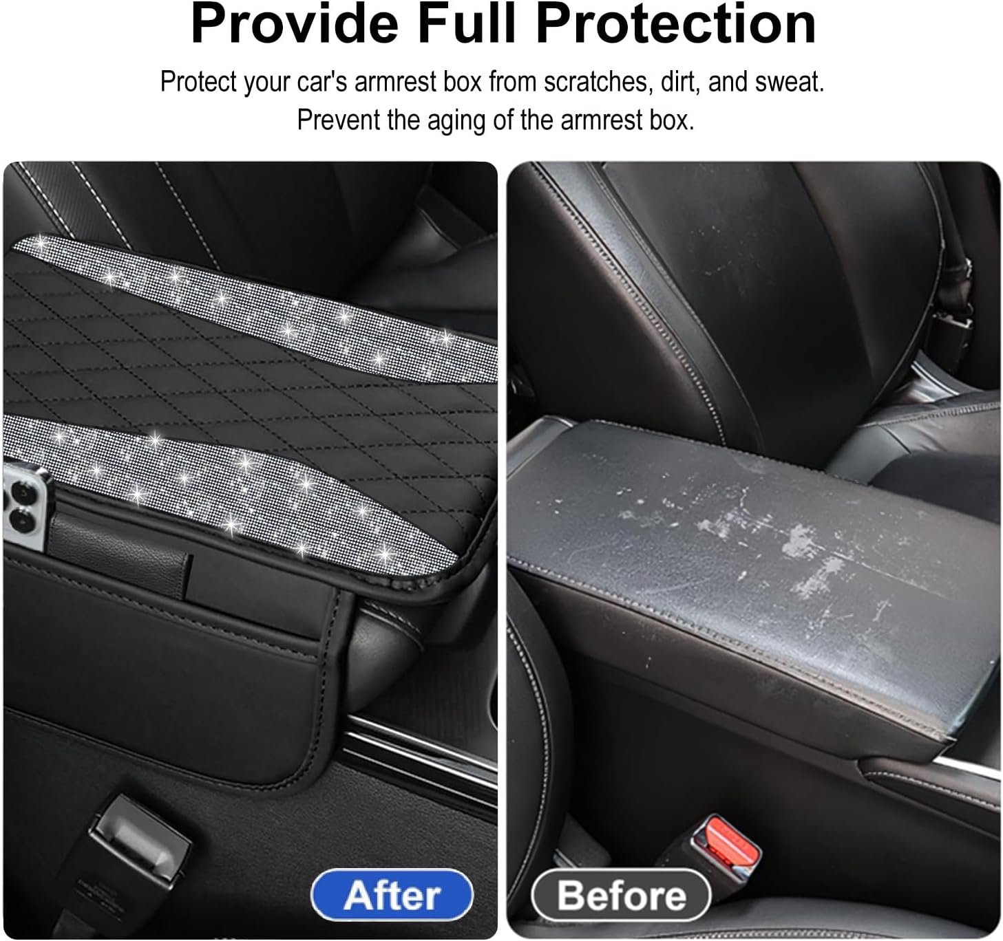 NBTEPEM Bling Car Center Console Cover, Leather Middle Console Cover with 2 Storage Bags, Universal Arm Rest Cover Protector, Bling Car Accessories Interior Fit for Most Vehicles, Silver Diamond
