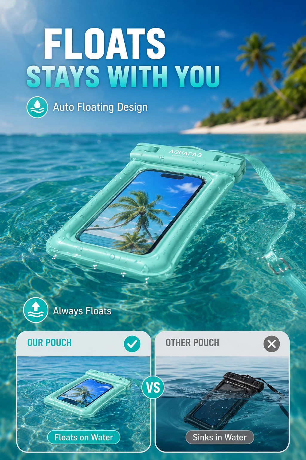 Nephi IP68 Funda Impermeable para teléfono, 2 Piezas, hasta 20 cm, Ajustable con cordón para el Cuello, Funda de teléfono Impermeable Flotante para Vacaciones, Playa, Piscina, artículos Esenciales de
