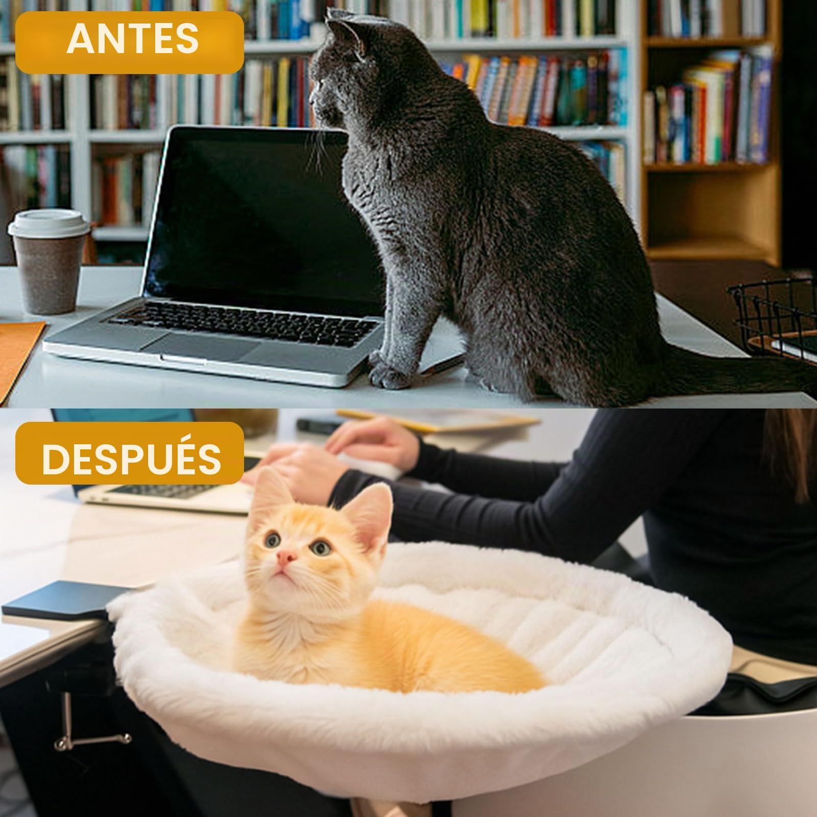 Cama para gatos para escritorio, giratoria 360 ° y altura regulable, cesta para gatos extraíble, portátil, hamaca suave para gatos para oficina en casa (blanco)