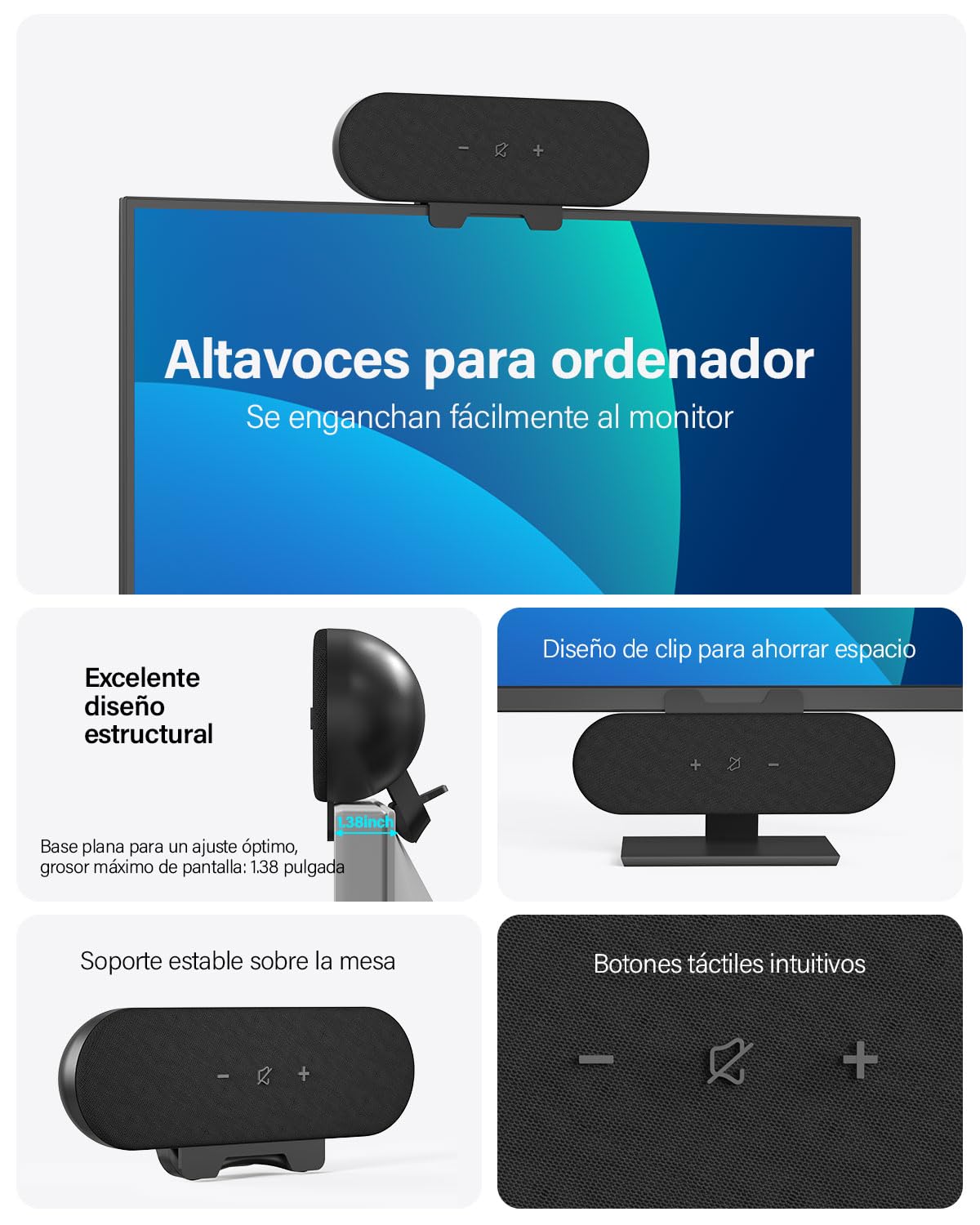 ZETIY Altavoz de PC de 12 W, barra de sonido con monitor USB, diseño de clip, mini caja de altavoces para portátil, sonido estéreo HD, Plug & Play para ordenador, escritorio y portátil