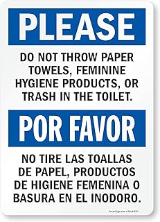 SmartSign "Please Do Not Throw Paper Towels, Feminine Hygiene Products, Or Trash In The Toilet" Bilingual Label | 10" x 14" Laminated Vinyl