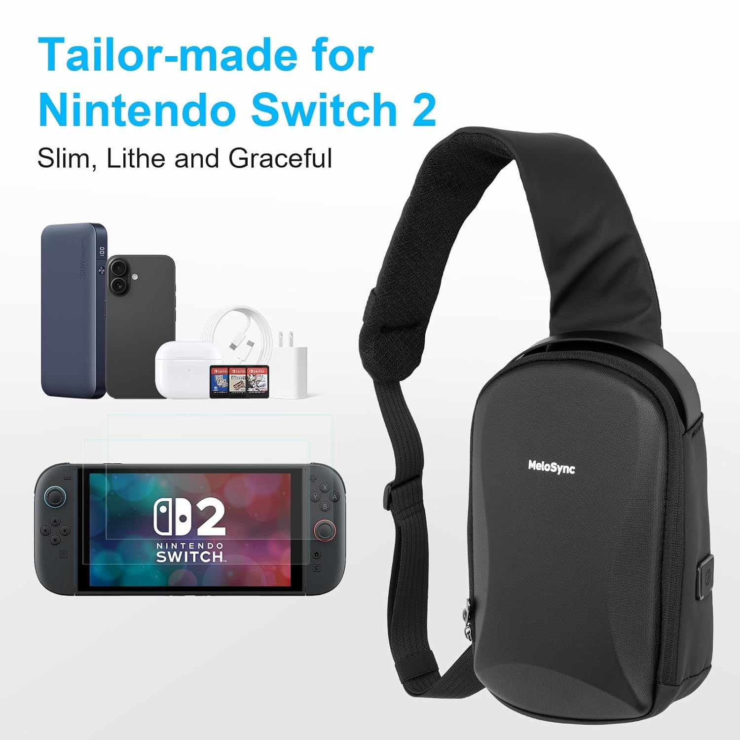 MeloSync Sling Crossbody Bag for Nintendo Switch 2 (2025) - EVA Hard Shell Protective Case for Accessories with Charging Interface