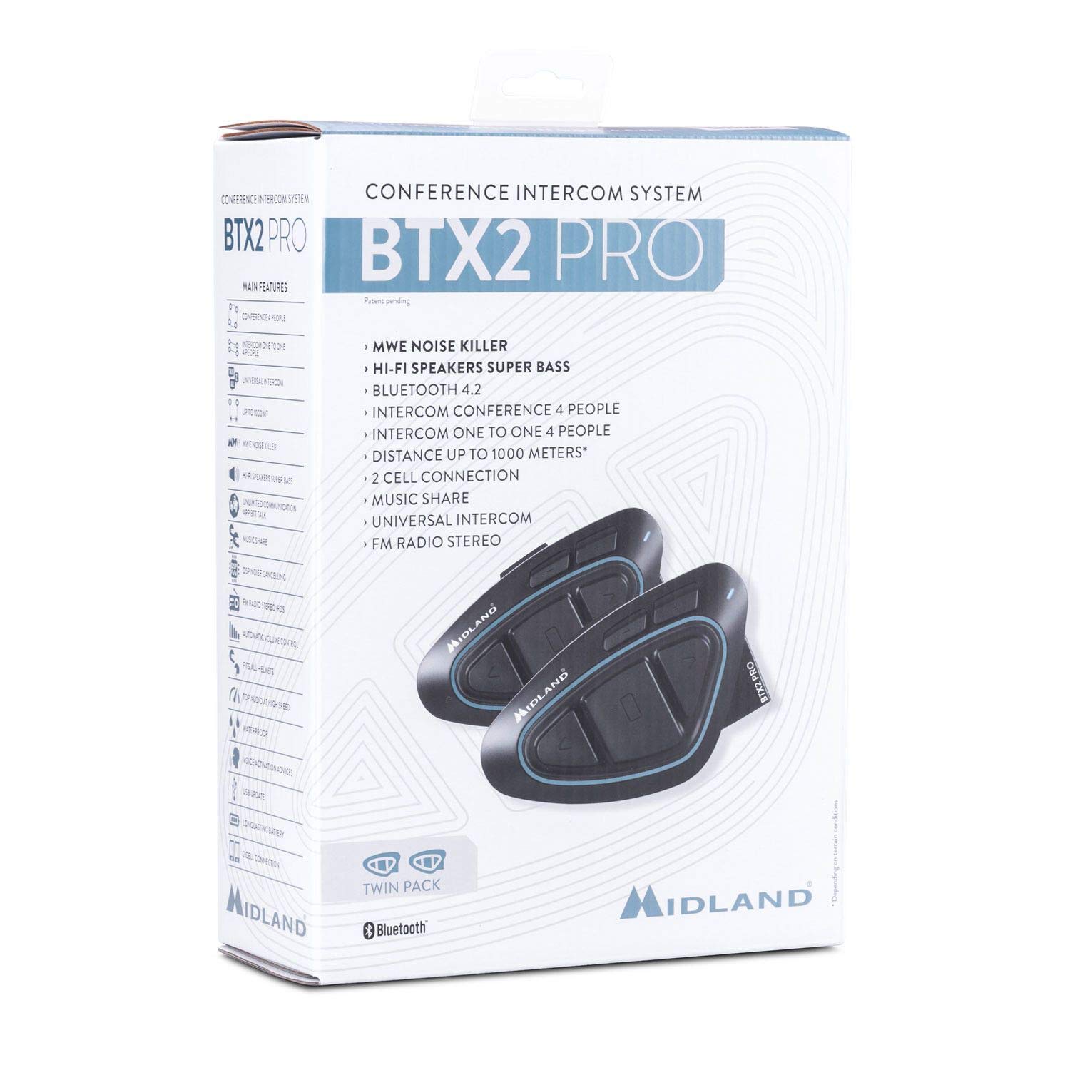 Midland BTX2 Pro Twin C1231.09, Interfono Moto Bluetooth Doppio, Auricolari Casco Impermeabili IPX6, Cancellazione del Rumore, Fino a 4 Persone, Batteria 23h, Portata 1 Km.