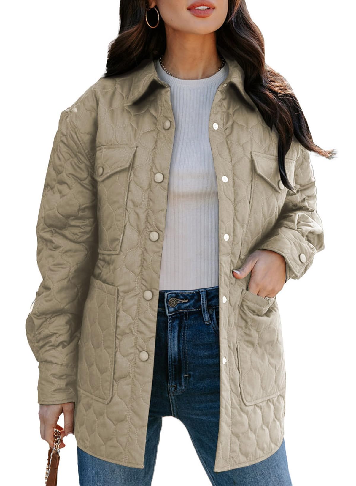EVALESS Quilted Jackets for Women Lightweight Long Sleeve Button Down Puffer Jacket Warm Winter Coat Outerwear with Pockets