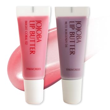 PINKWONDER Jojoba Lip Butter 02 Bright Coral & 04 Mute Burgundy | Hydrating Lip Balm with Organic Jojoba Oil | Non-Sticky Lip Gloss for Dark Lips | Korean Lip Balm
