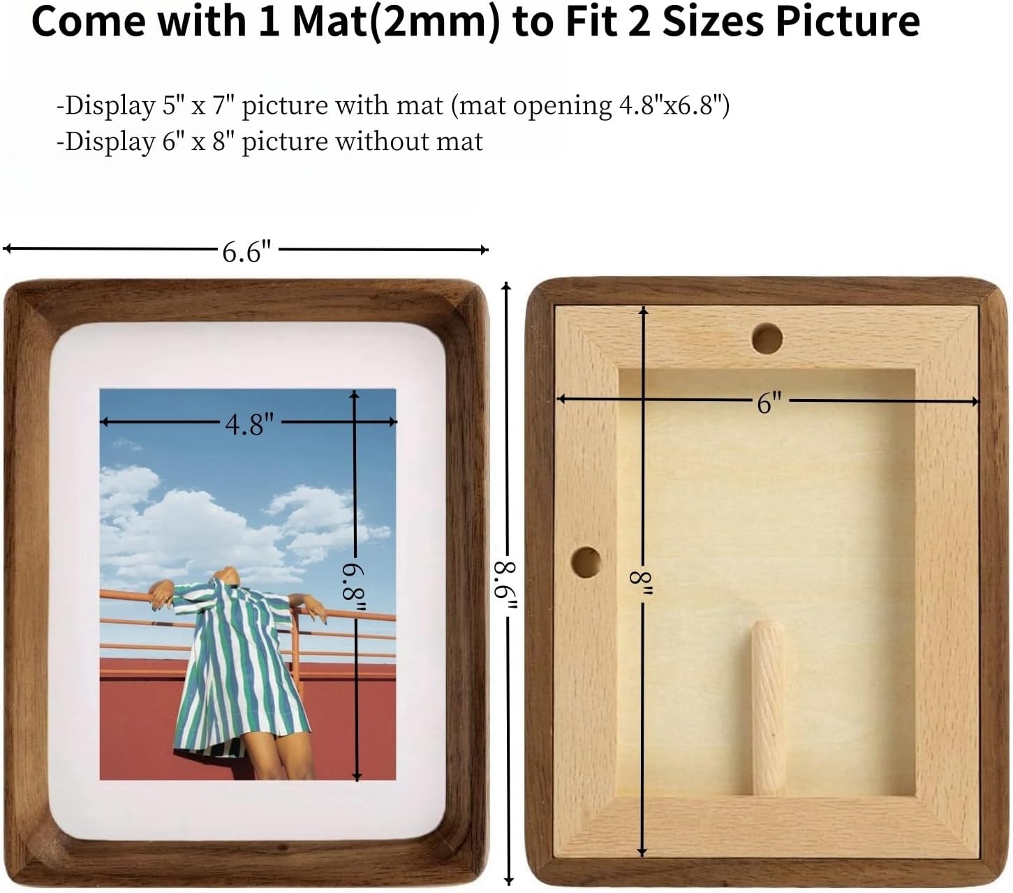 FLECHAZO 6x8 Picture Frame Wood with 5x7 Mat, Natural Solid Walnut Wooden 6 by 8 Photo Frames for Tabletop or Wall Mounting Display - Image 3