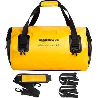 40L Waterproof Motorcycle Duffel Bag - Motorcycle Rear Seat Luggage Bag with Fastening Straps - Roll Top Dry Bag for Kayaking Rafting Boating Camping Travel Beach Yellow