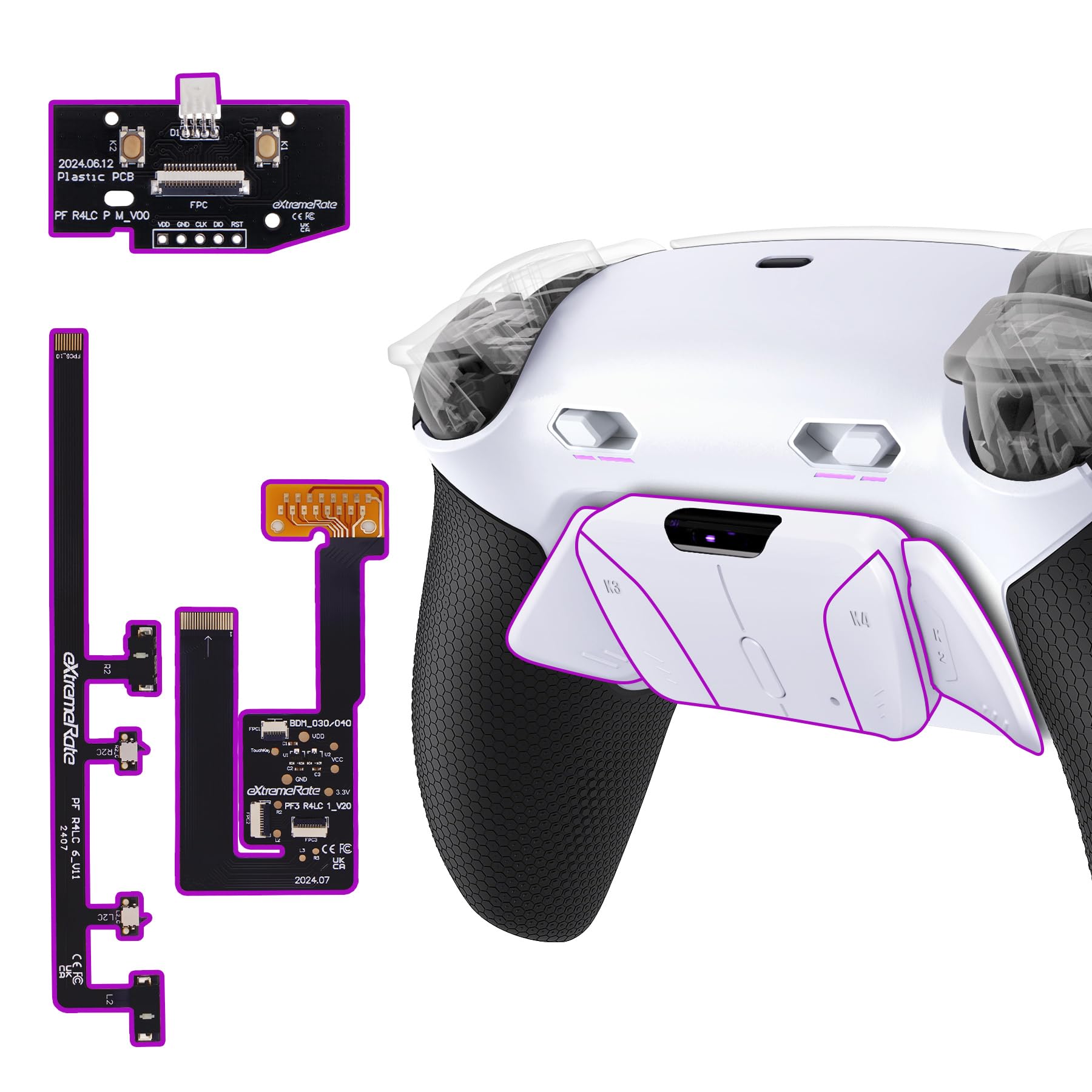 eXtremeRate RISE4 Plus MAX Remap Kit con Clicky Kit para ps5 Control BDM-030/040/050/060 Tope Gatillos & Goma Grip Carcasa Trasera & Palancas Traseras Remapeables para ps5-SIN Mando(Blanco Negro)