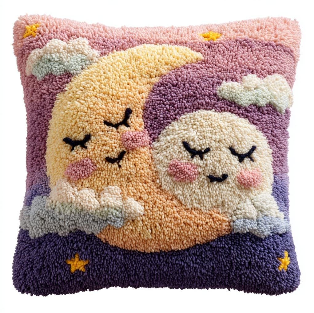 WallustrioaW Latch Hook Cushion Kits for Adults BeginnersMoon and Clouds,Handmade Crochet Craft Kits Cushion Cover Needlework for Home Decoration,17x17in