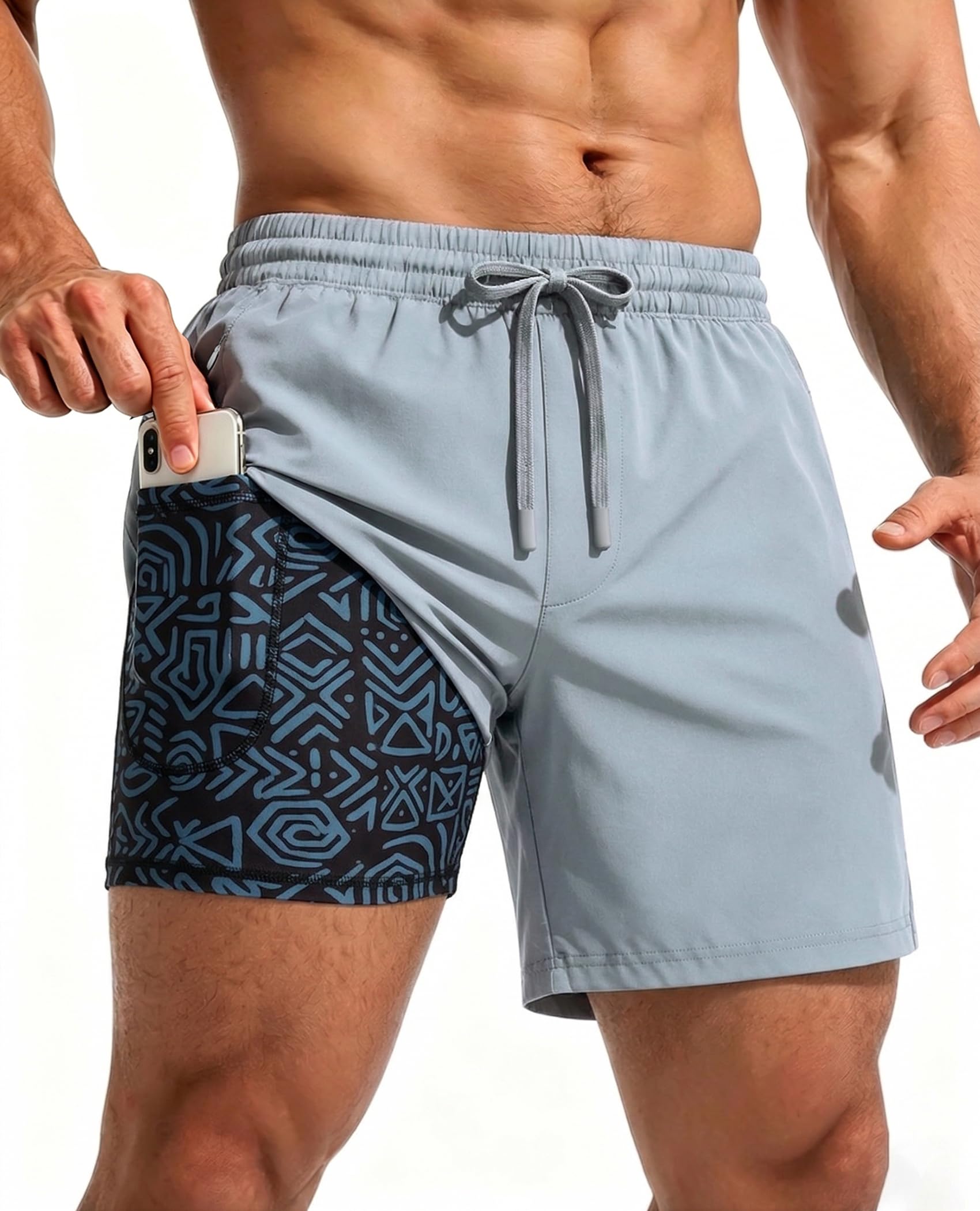 CoozySphere Mens 2 in 1 Running Shorts with Phone Pockets 5 inch Training Gym Shorts with Compression Liner Quick Dry Light Blue