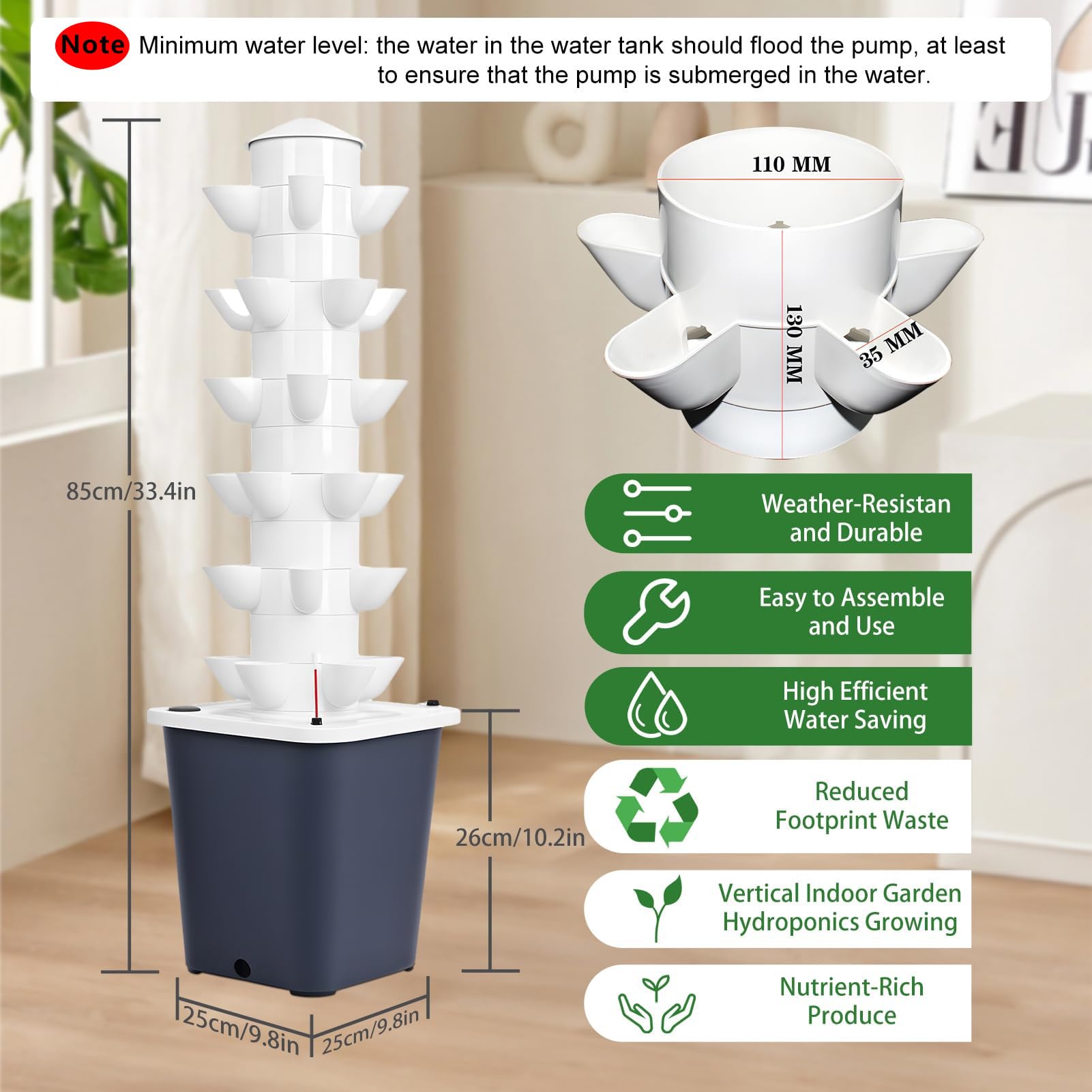 Método‌ Hidropónico de Interior, Torre de Siembra Vertical, Espacios de Siembra - Torre Hidropónica con Bomba de Agua y Adaptador para Depósito de Agua Portátil 5layers15holes