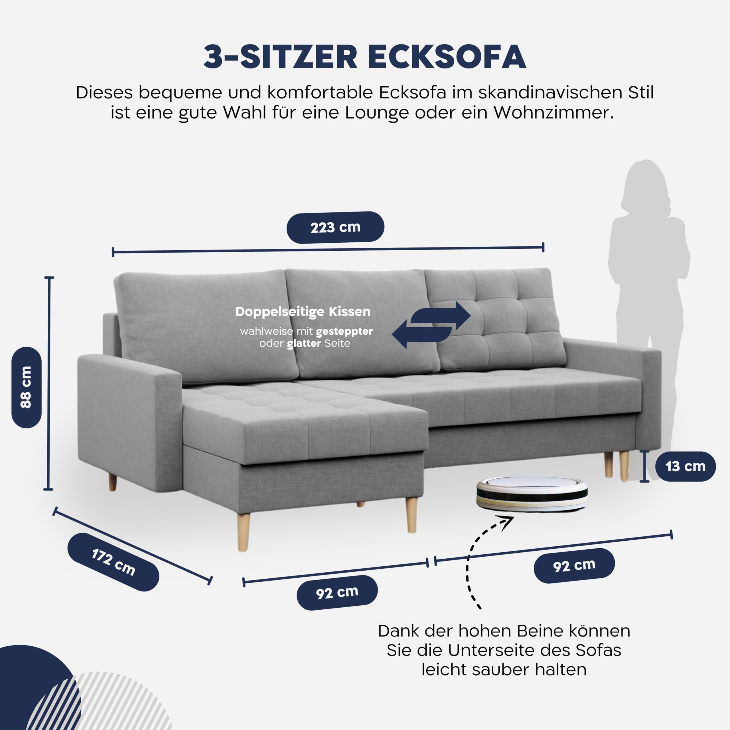 Mebligo - Ecksofa mit Schlaffunktion und Bettkasten Elma, Eckcouch Universelle Seite, Sofa L Form (BxTxH) 223 x 140 x 88 cm, Couch Wohnzimmer, Ecke Sofa, Braun (Lux 2)