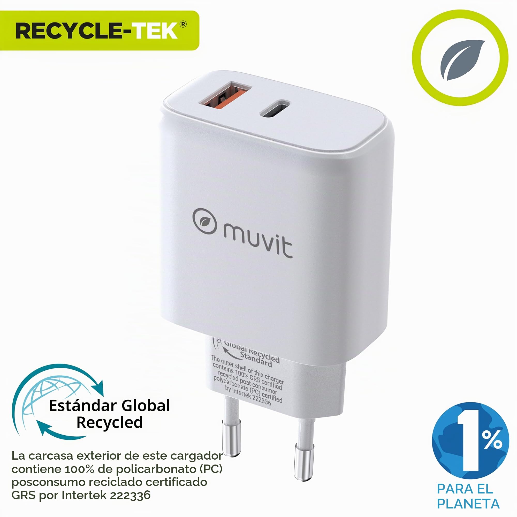 muvit for Change Cargador de Pared 1 USB 12W+1 Tipo C PD 45W Blanco
