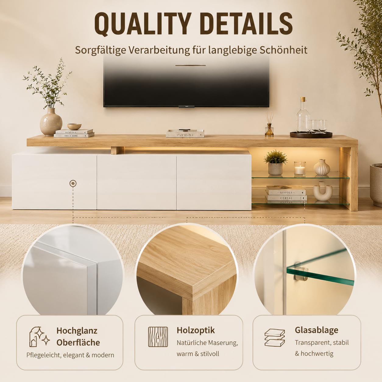 Niska szafka pod telewizor 200 cm z diodami LED, wysoki połysk, imitacja drewna, szklane półki | 3 drzwi, otwarta półka, 7 kolorów LED za pomocą pilota zdalnego sterowania, 200 x 42 x 39 cm, płyta wiórowa
