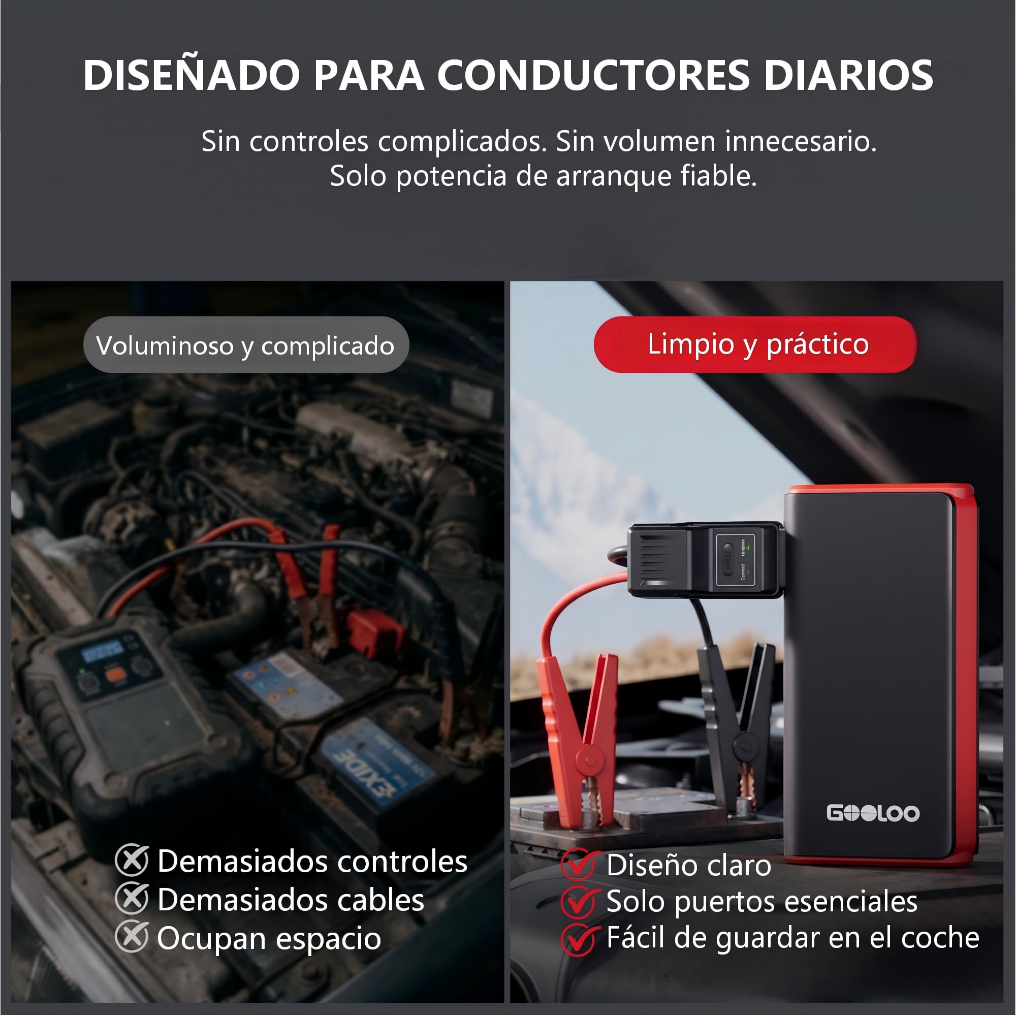 GOOLOO GE2000 - Arrancador de salto de 2000 A (hasta 8 L de gas/6 L diésel) con carga rápida USB-A, luz de emergencia LED y abrazaderas de metal inteligentes, paquete de refuerzo de batería portátil