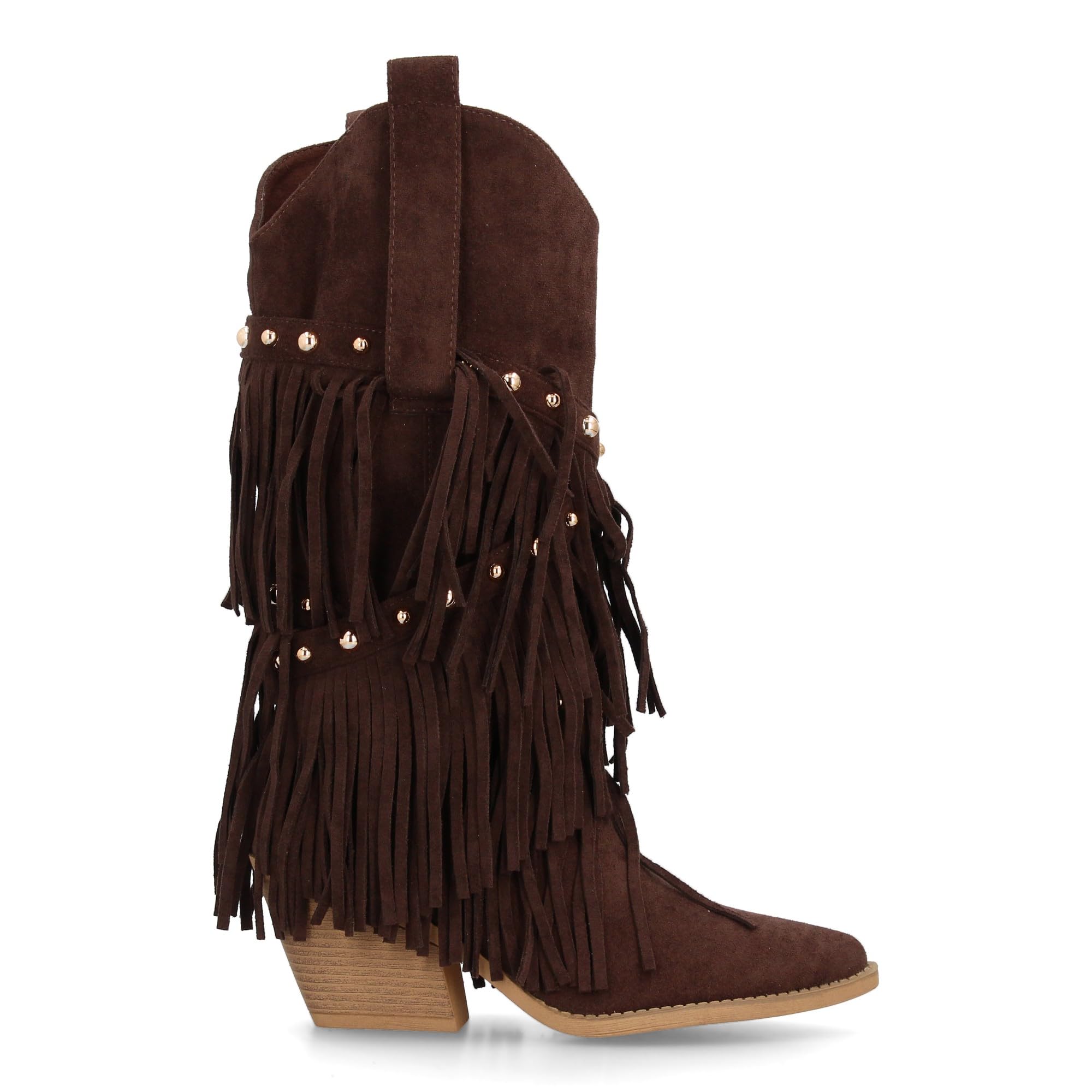Bota de Estilo Western con Cana Alta Decorada con Flecos en Cascada y Tachuelas metalicas, Punta Fina y Tacon Cubano. Ideal para Mujer en Temporada de Otono Invierno
