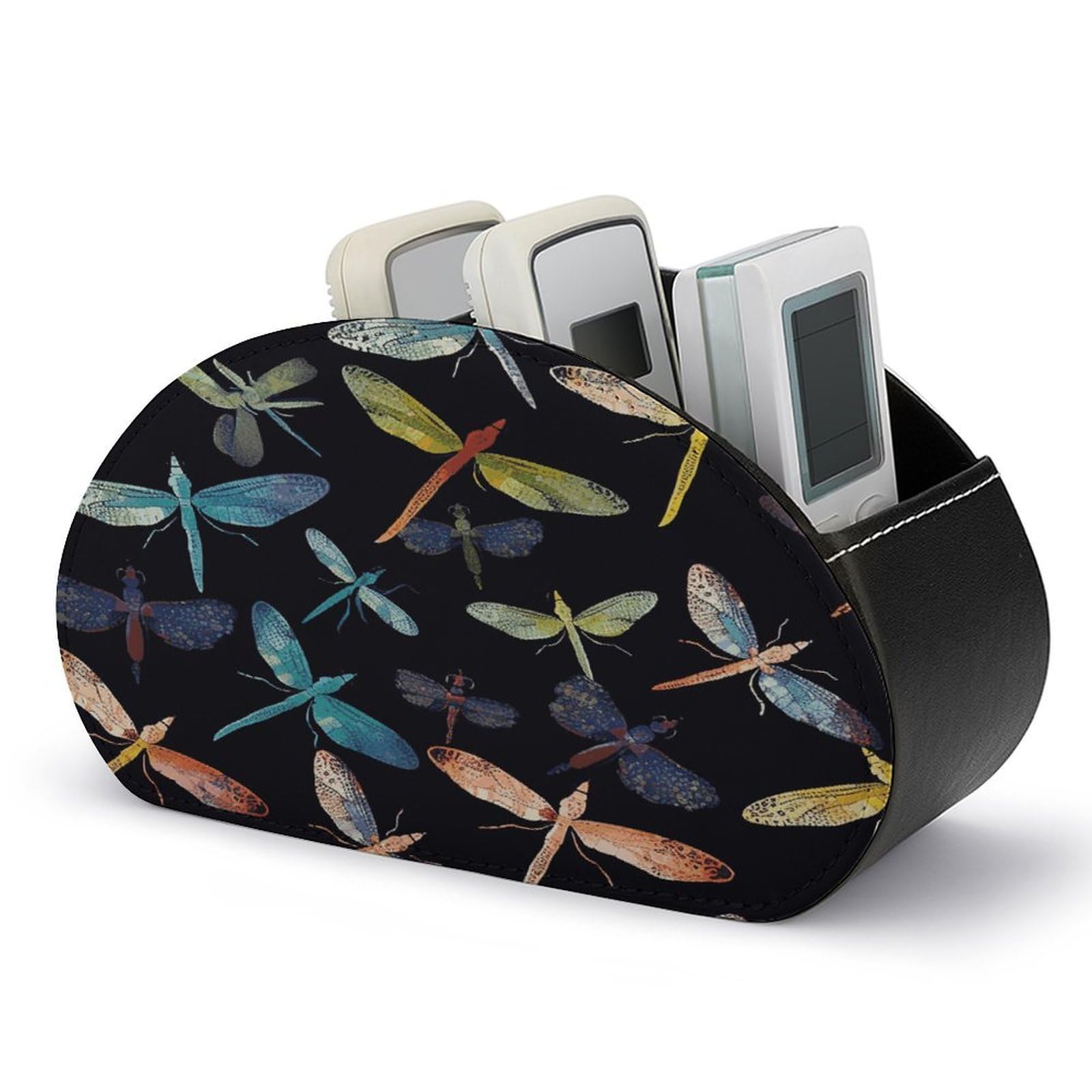 JTREHY Colorful Dragonfly Remote Control Holder 5 Compartments Remote Caddy Tray PU Leather TV Remoter Storage Box Bedside Table Storage Organizer Office Desk Storage Case