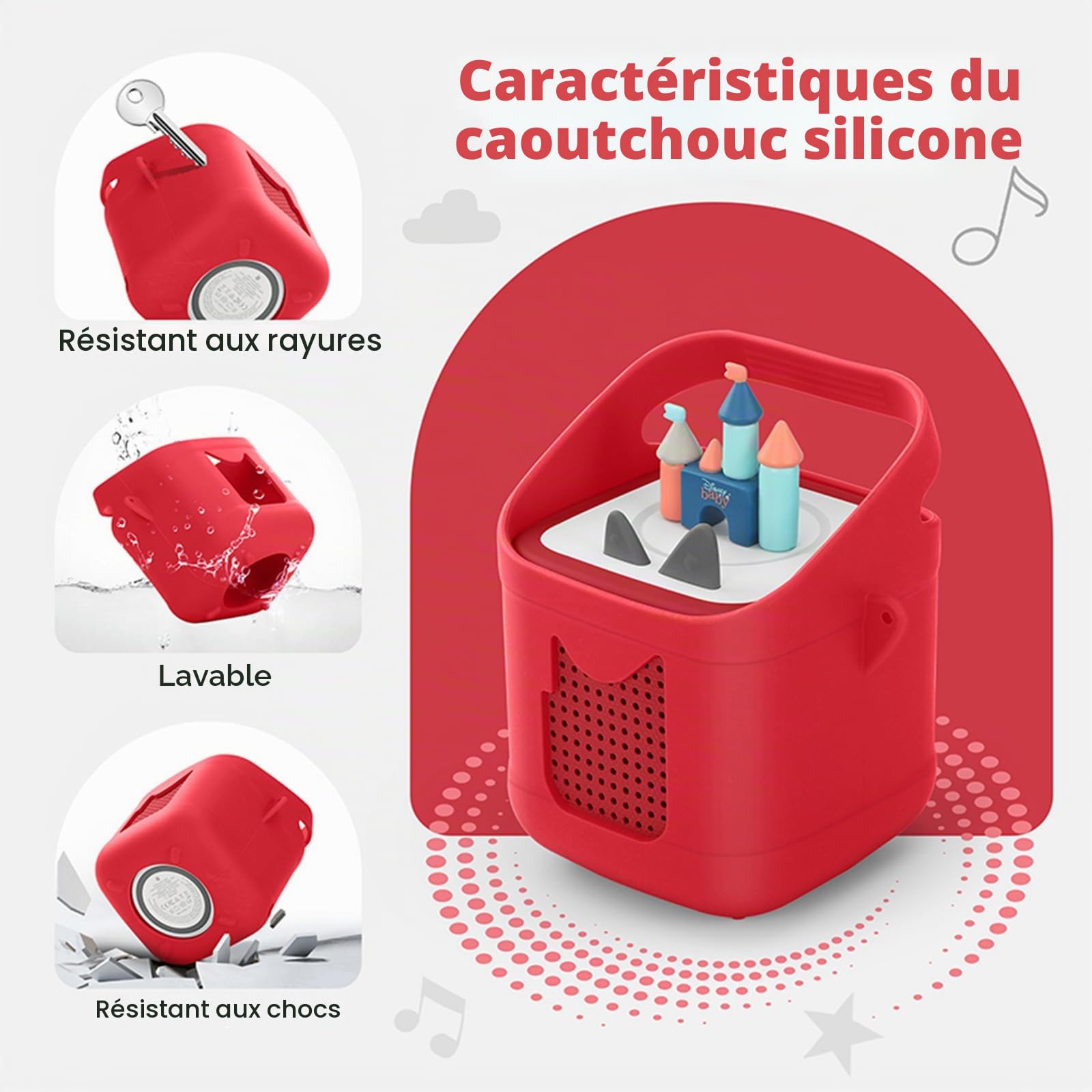 Housse de protection en silicone compatible avec Toniebox 2 & 1, lecteur audio, housse anti-poussière avec poignée de transport et bandoulière (rouge)
