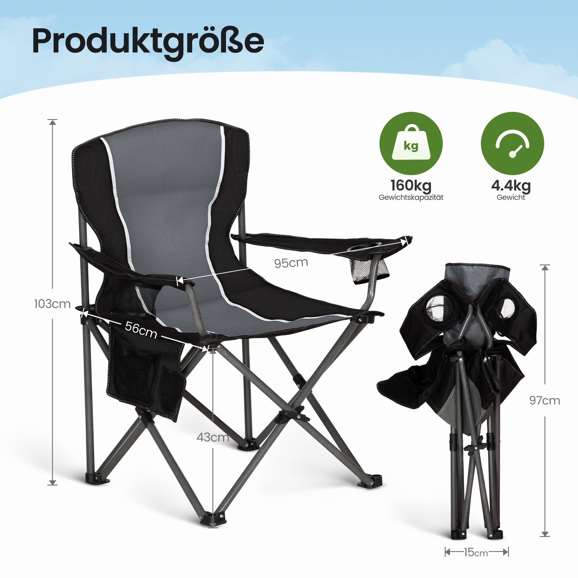 HIGH POINT SPORTS Silla de Camping Negro, Silla Camping Plegable Silla Plegable Portátil de Gran Tamaño, Silla Plegable Azul-Gris Resistente al Aire Libre 160KG Silla de Pesca (Negro 2 Piezas)