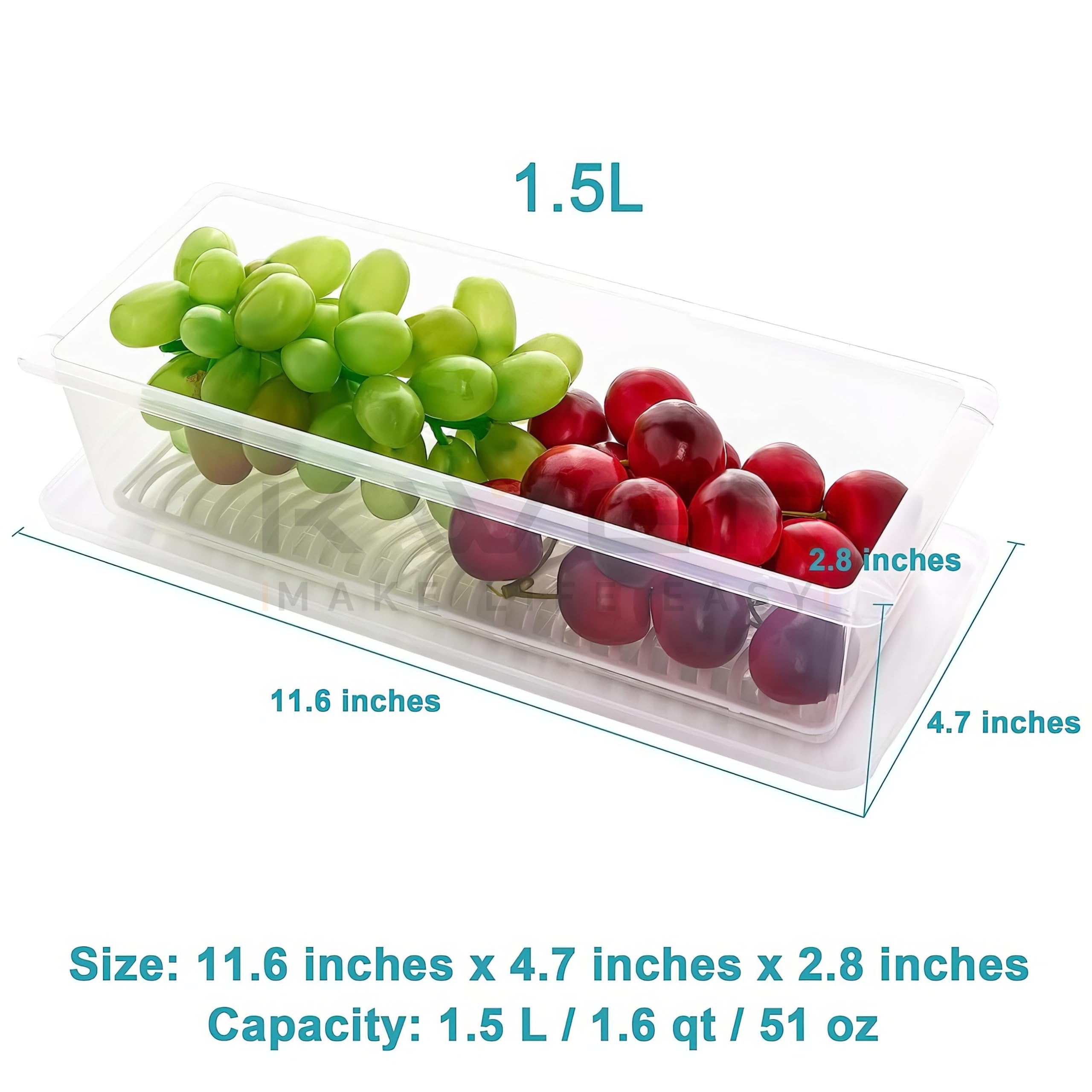 KWER Fridge Storage Boxes Fridge Organizer With Removable Drain Plate Fridge Storage Containers Keeps Fruits, Vegetables, Meat, Fish Fresh Longer 1500 Ml Container Box(Pack Of 6, Plastic),Clear 4