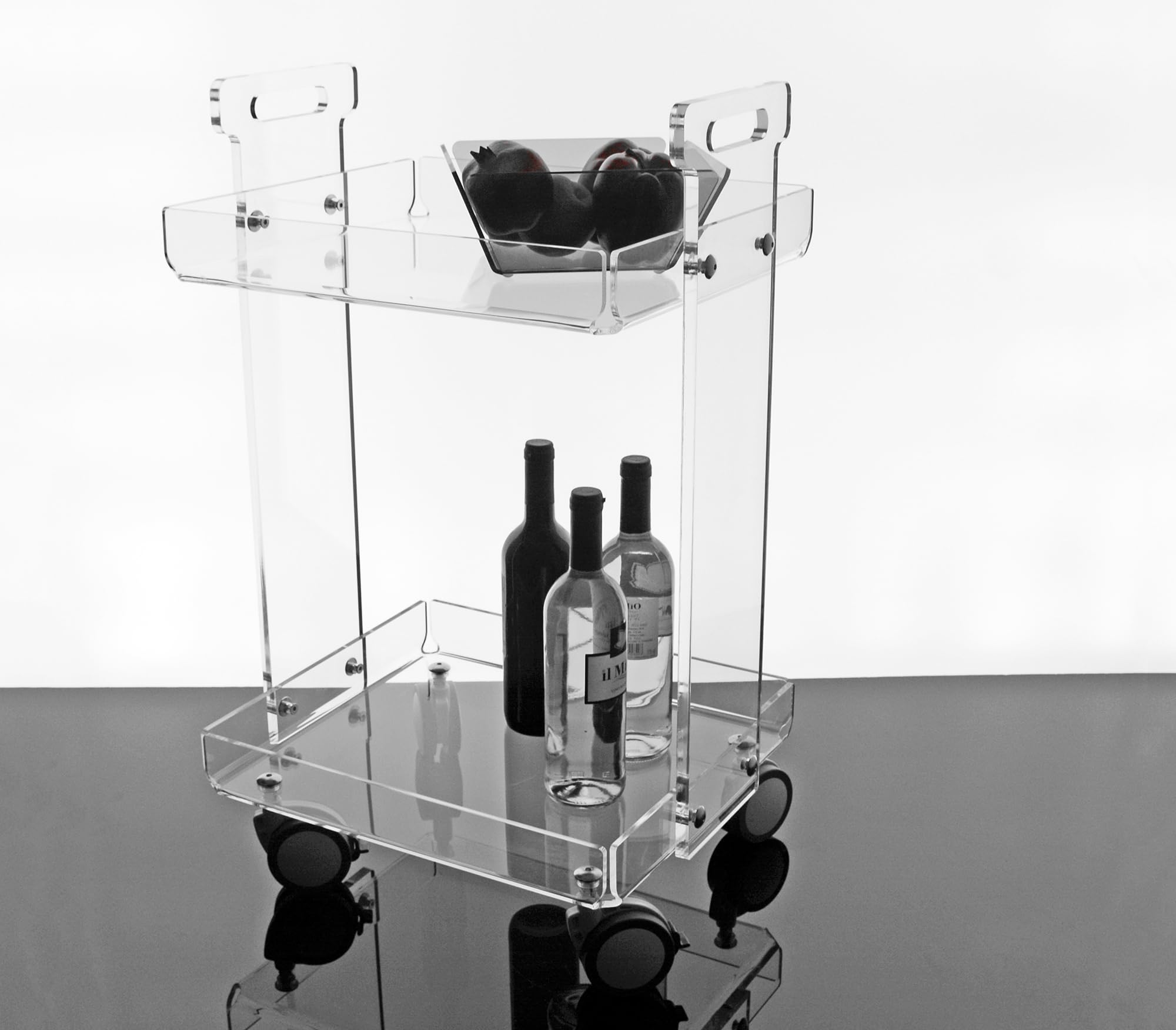 Slato Vinny Carrello da Soggiorno e Cucina con Ruote Portavivande, Vetrinetta Mobile di Design a Due Ripiani in Cristallo Acrilico Made in Italy cm L.46 x P.38 x H75